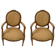 Pair of Italian Louis XVI Armchairs, 19th Century, Carved Wood Frames, Elegant A