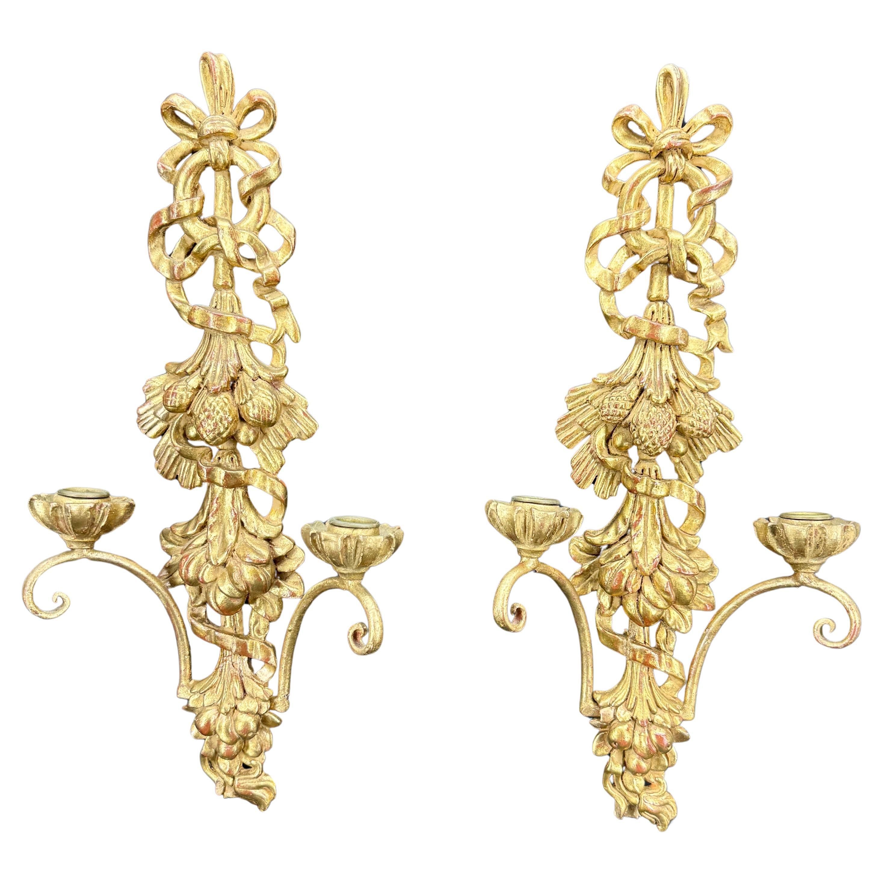 Pair of Italian Louis XVI Giltwood Wall Sconces Appliques For Sale