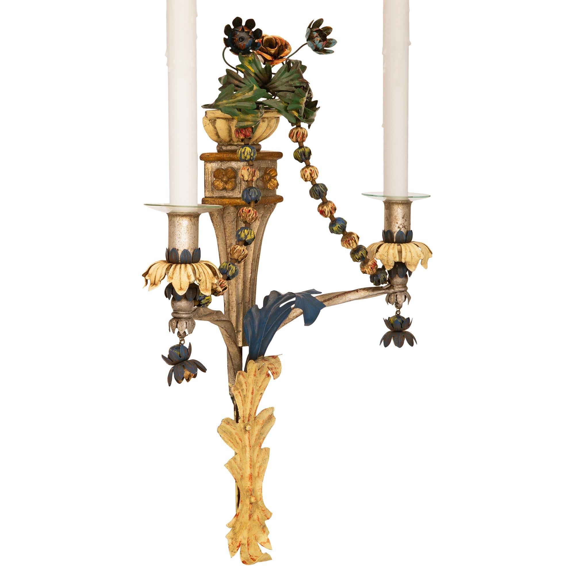pair of Italian Louis XVI st. patinated wood and Gilt Tole sconces In Good Condition For Sale In West Palm Beach, FL