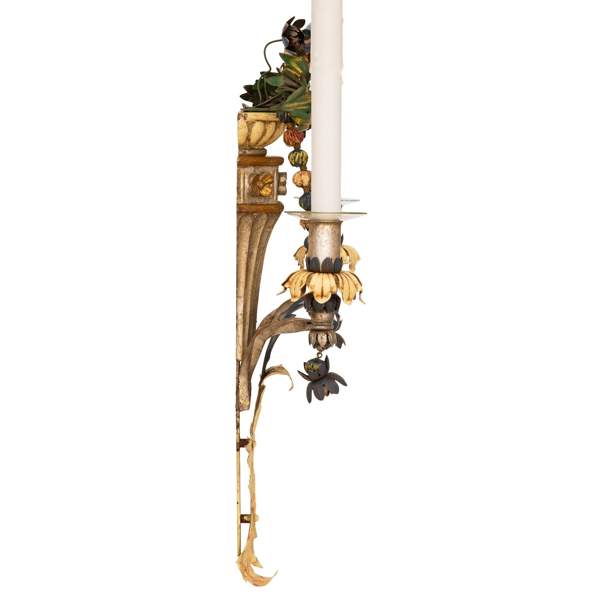 19th Century pair of Italian Louis XVI st. patinated wood and Gilt Tole sconces For Sale