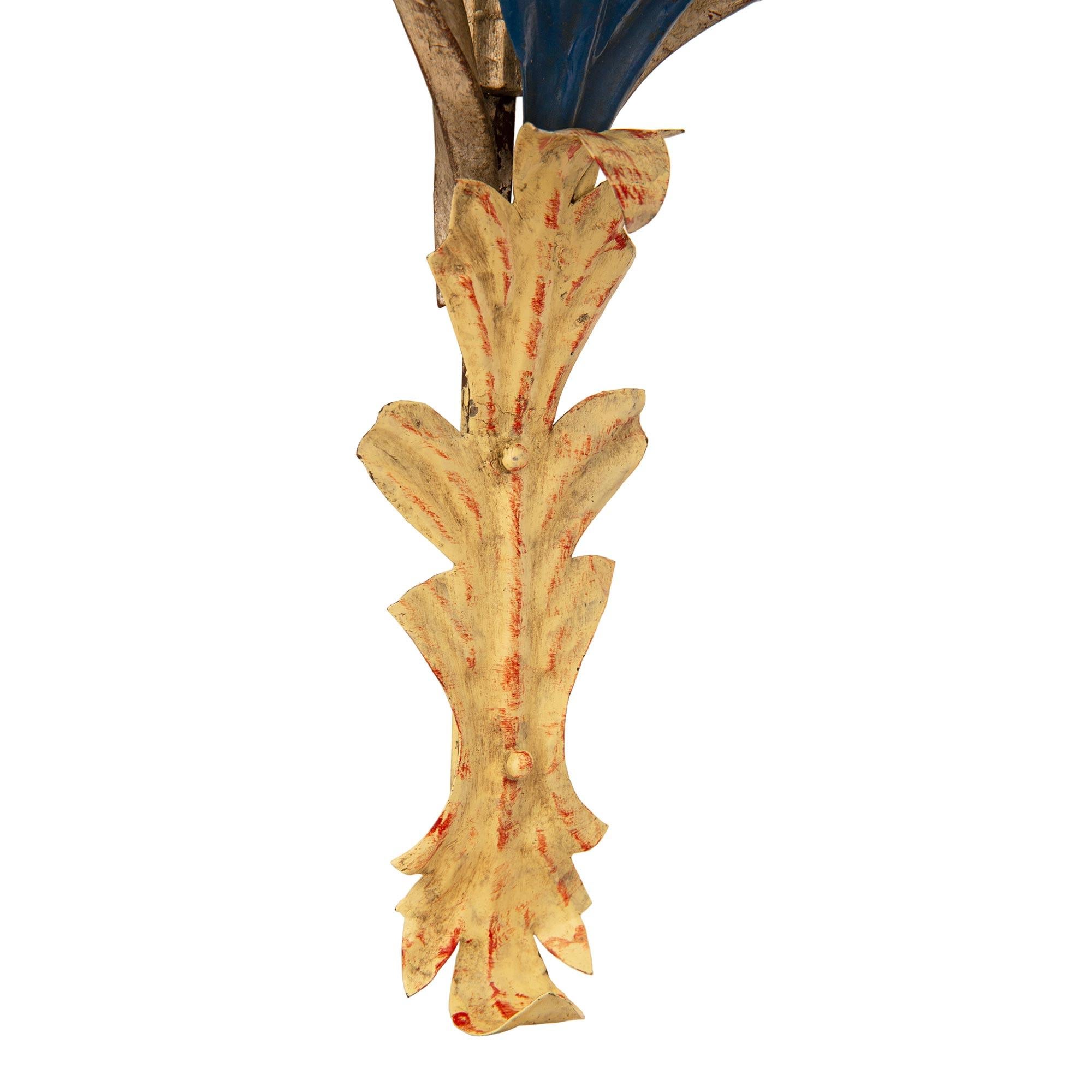 pair of Italian Louis XVI st. patinated wood and Gilt Tole sconces For Sale 3