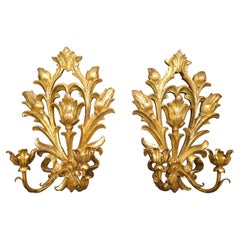 Pair Of Italian Louis XVI Style Gilt Wood and Metal Two Light Wall Sconces