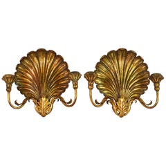 Pair of Italian Louis XVI Style Palladio Two-Arm Gilt Shell Sconces