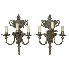 Pair of Italian Louis XVI Style Three-Light Patinated Metal Wall Sconces