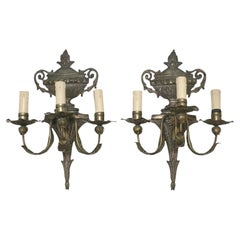 Pair of Italian Louis XVI Style Three-Light Patinated Metal Wall Sconces