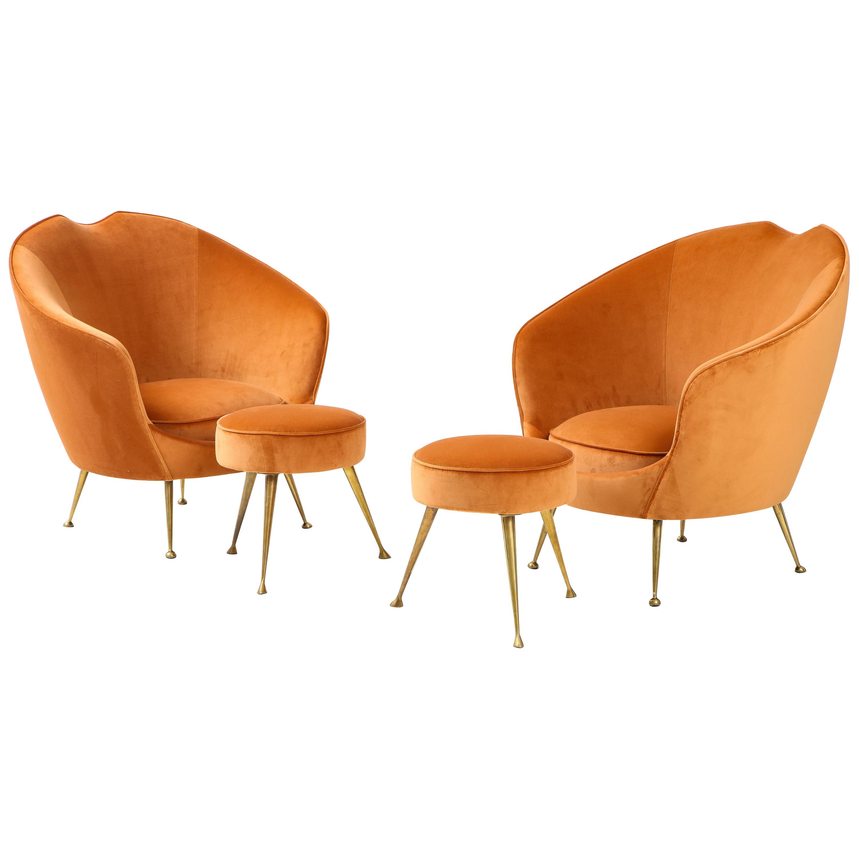 Pair of Italian Lounge Chairs and Matching Stools by I.S.A. Bergamo