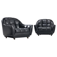 Pair of Italian Lounge Chairs in Black Leather