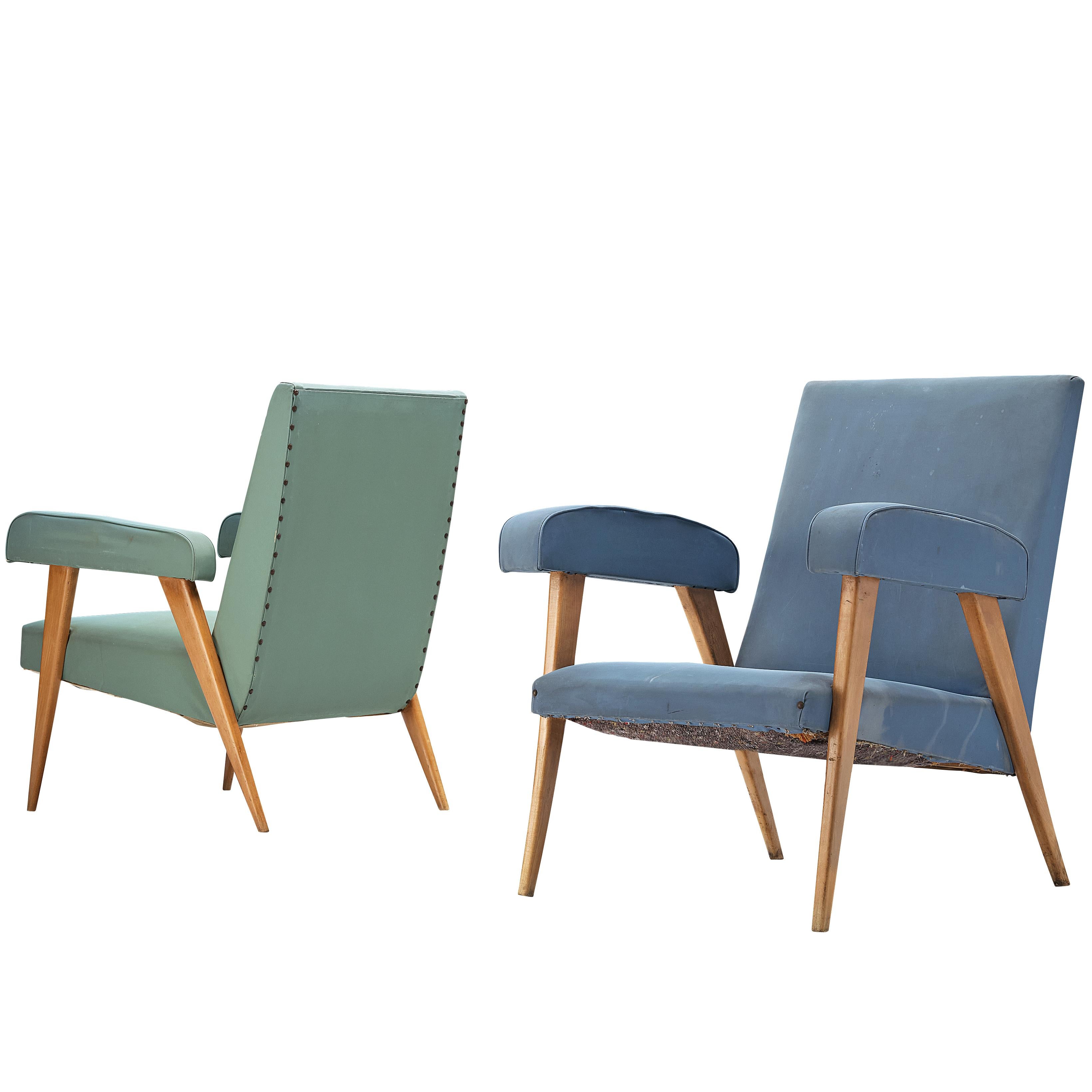 Pair of Italian Lounge Chairs in Blue and Green Upholstery