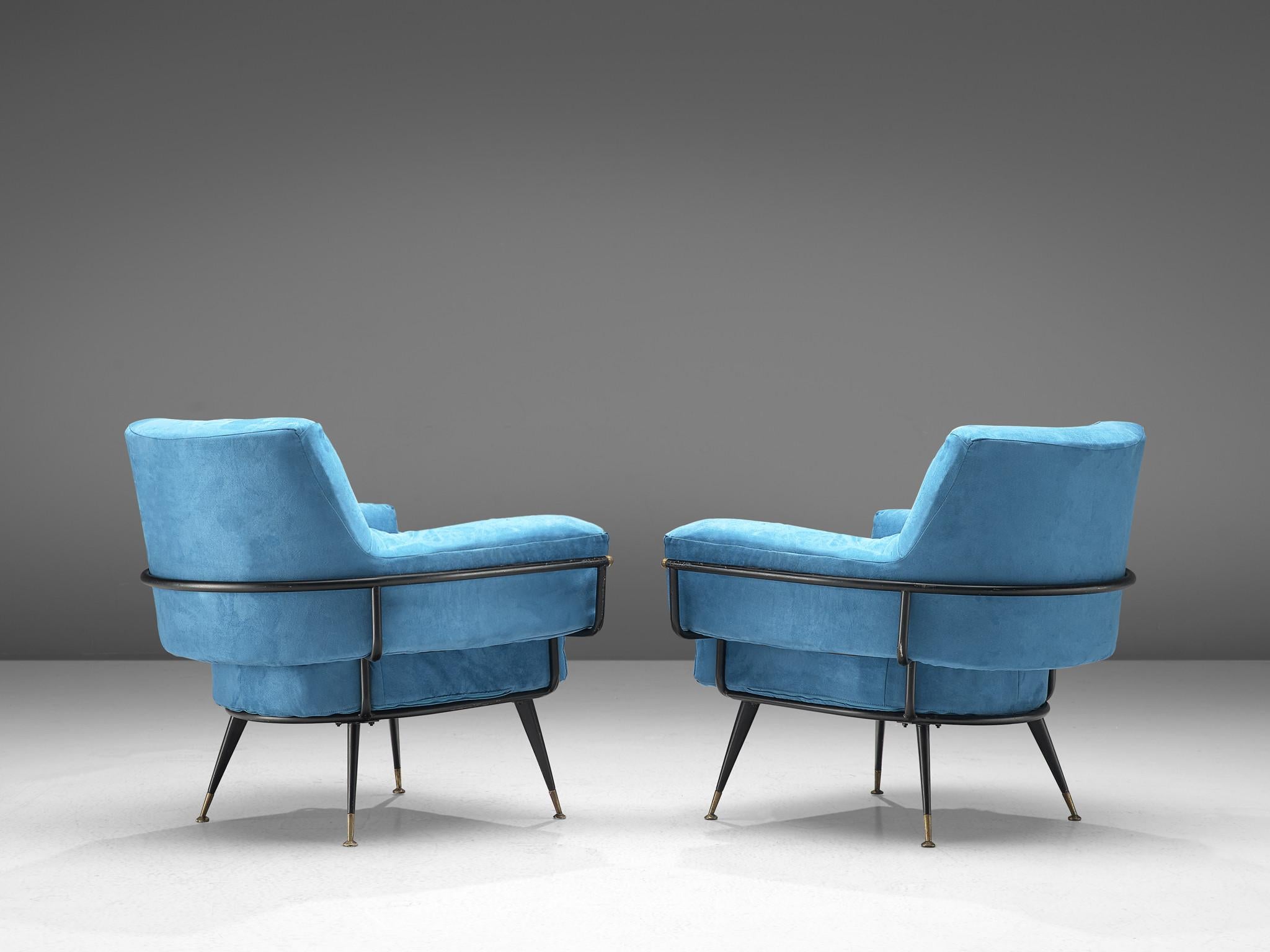 Pair of Italian Lounge Chairs in Blue Upholstery In Good Condition In Waalwijk, NL