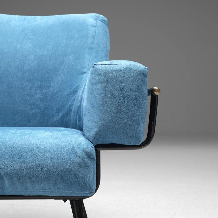 Mid-20th Century Pair of Italian Lounge Chairs in Blue Velvet For Sale