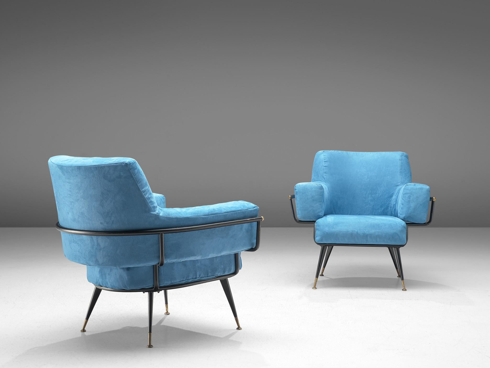 Metal Pair of Italian Lounge Chairs in Blue Upholstery