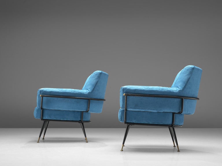 Pair of Italian Lounge Chairs in Blue Velvet For Sale 3