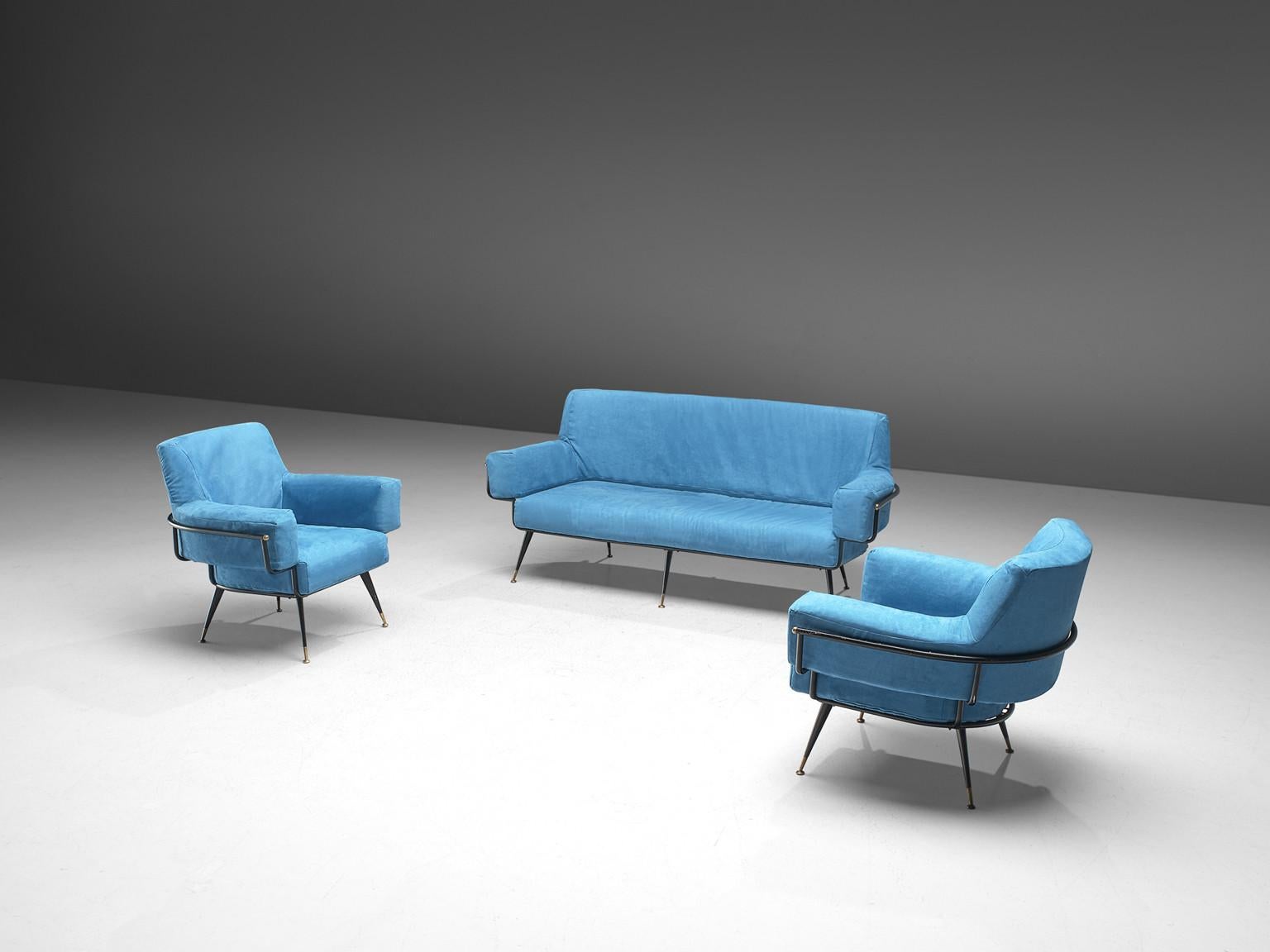 Pair of Italian Lounge Chairs in Blue Upholstery 3