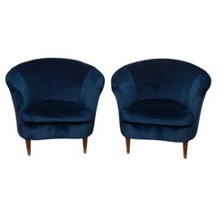 Pair of Italian Lounge Chairs in Blue Velvet