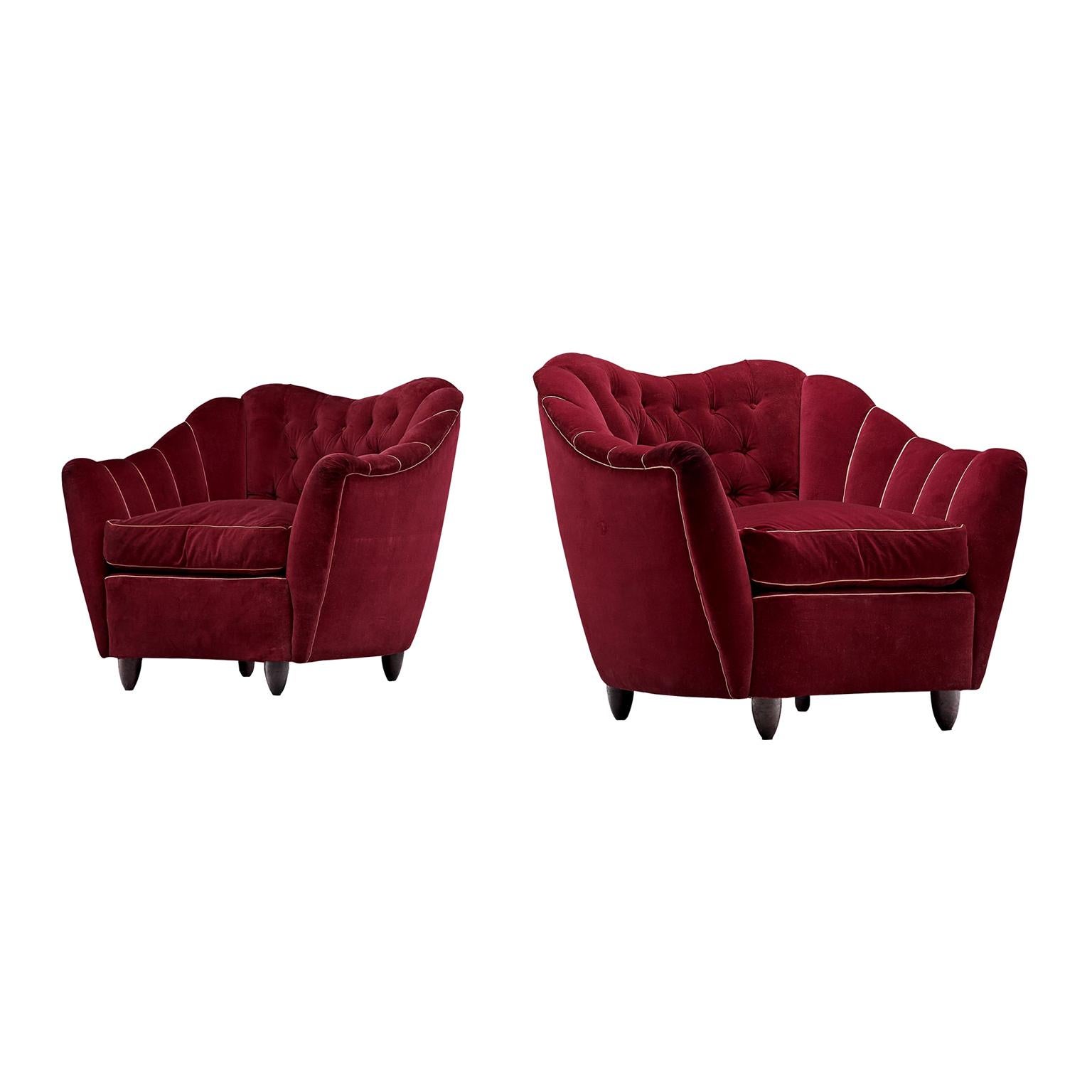 Pair of Italian Lounge Chairs in Bordeaux Velvet