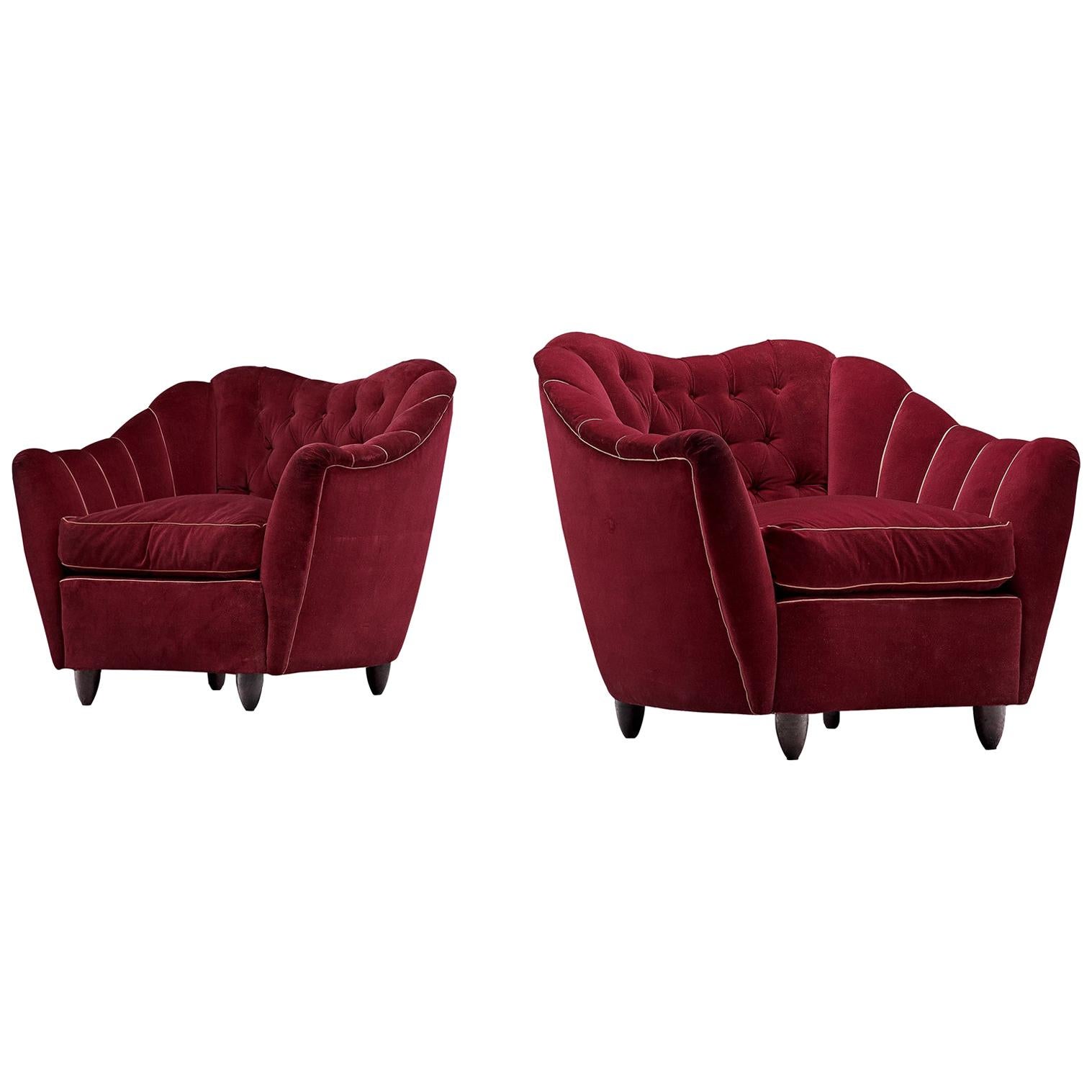 Pair of Italian Lounge Chairs in Bordeaux Velvet
