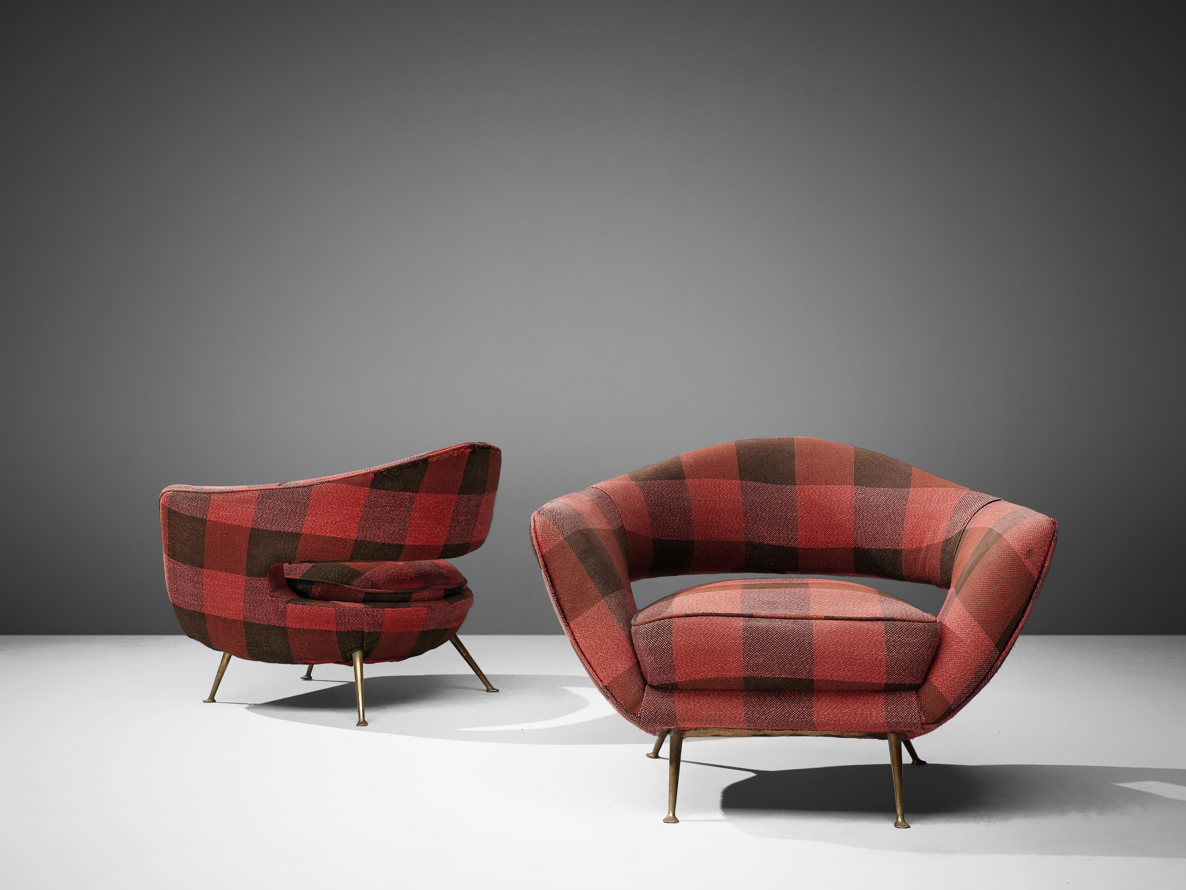 Brass Pair of Italian Lounge Chairs in Checkered Upholstery