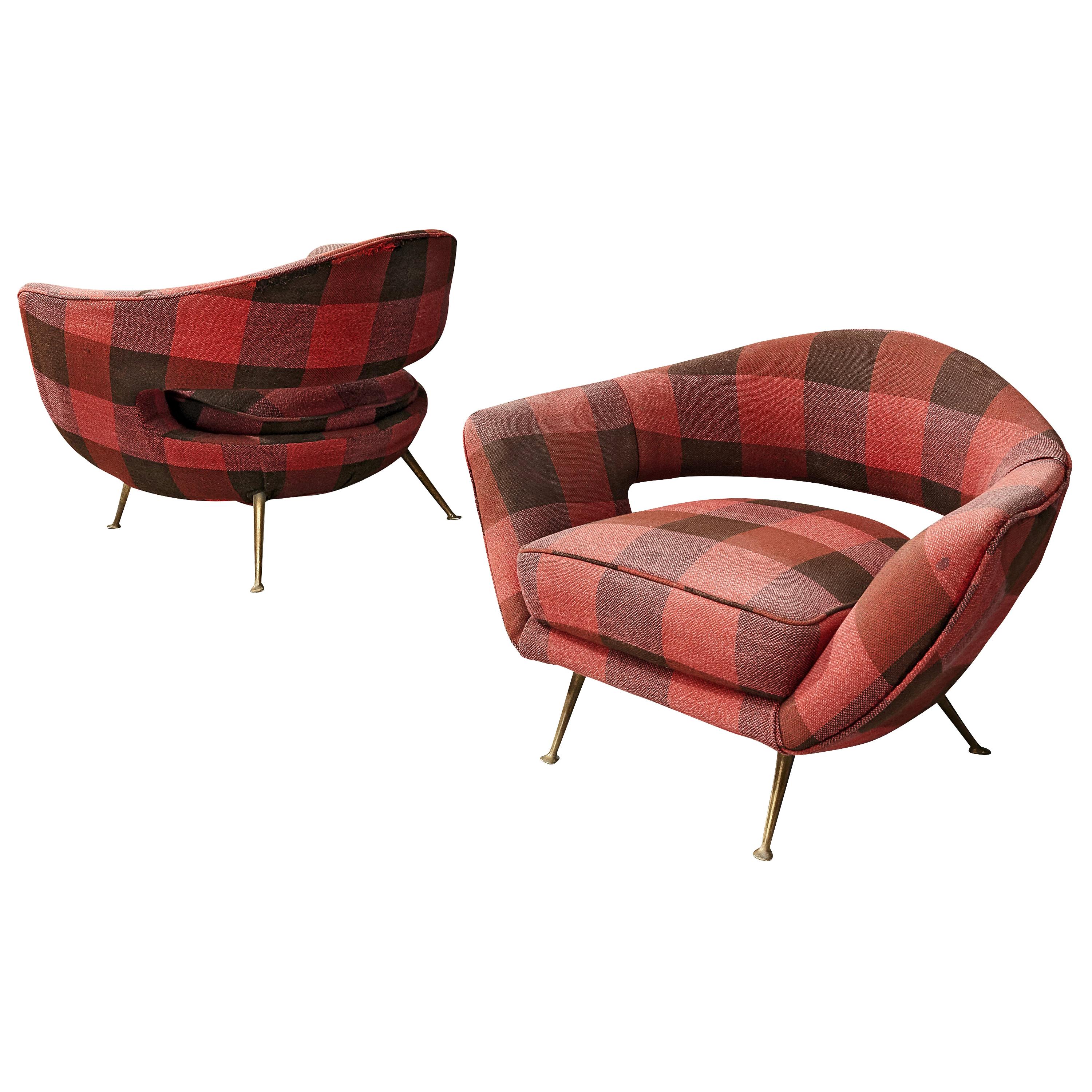 Pair of Italian Lounge Chairs in Checkered Upholstery