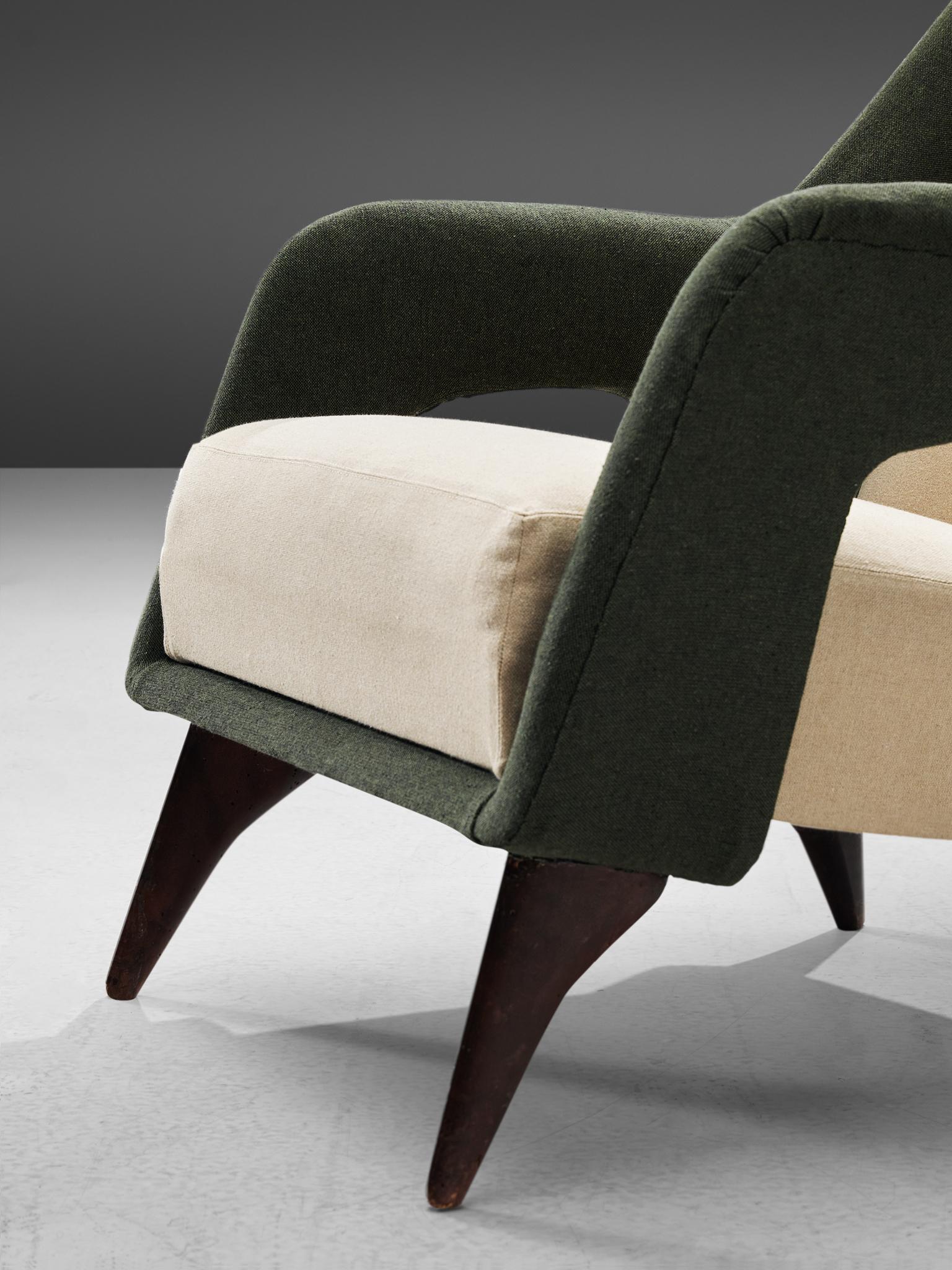 Pair of Italian Lounge Chairs in Forrest Green and Off-White Upholstery 4