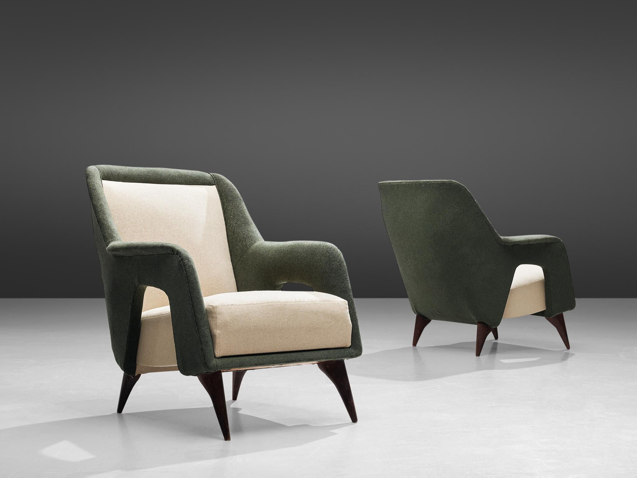 Mid-Century Modern Pair of Italian Lounge Chairs in Forrest Green and Off-White Upholstery