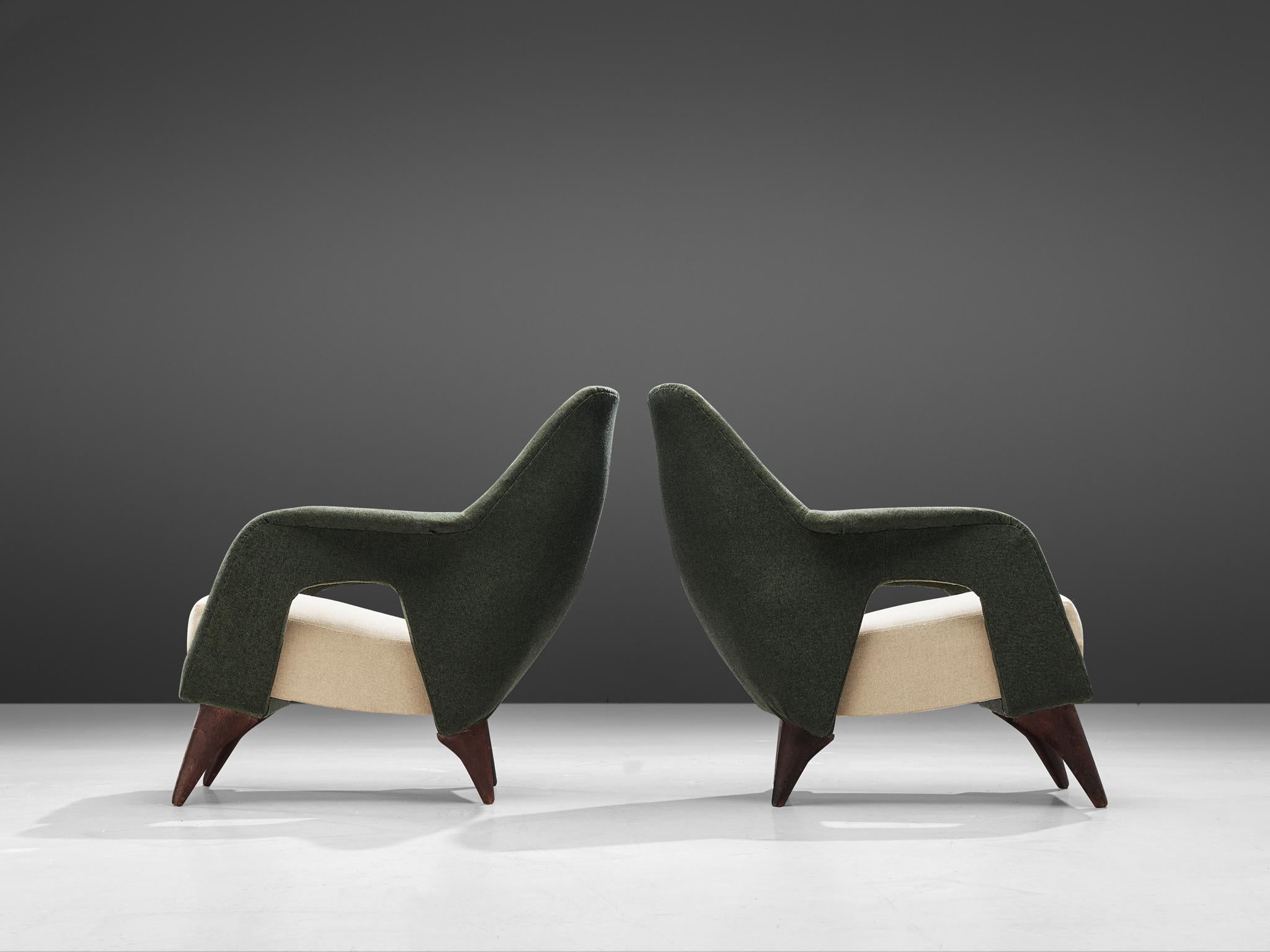 Mid-20th Century Pair of Italian Lounge Chairs in Forrest Green and Off-White Upholstery