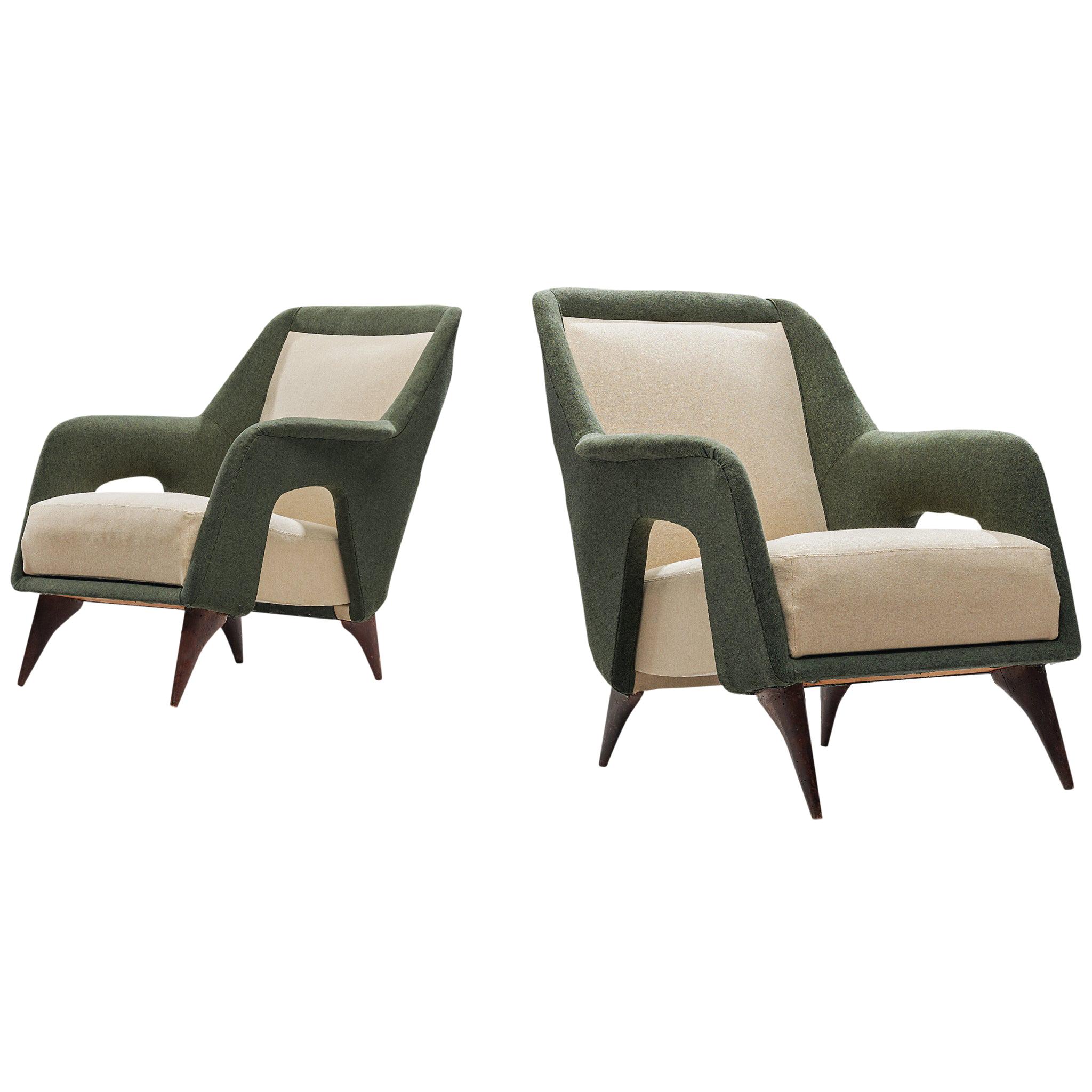 Pair of Italian Lounge Chairs in Forrest Green and Off-White Upholstery