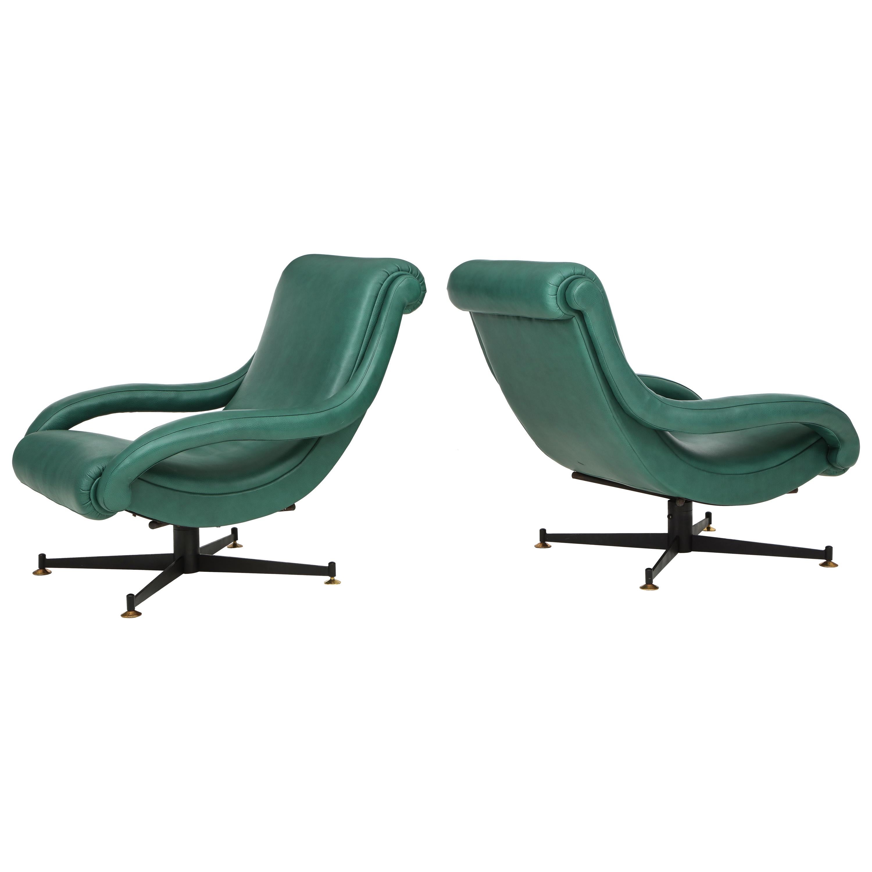 Pair of Lounge Chairs in Gucci Green Leather by Radice for Lenzi, c. 1950, Italy