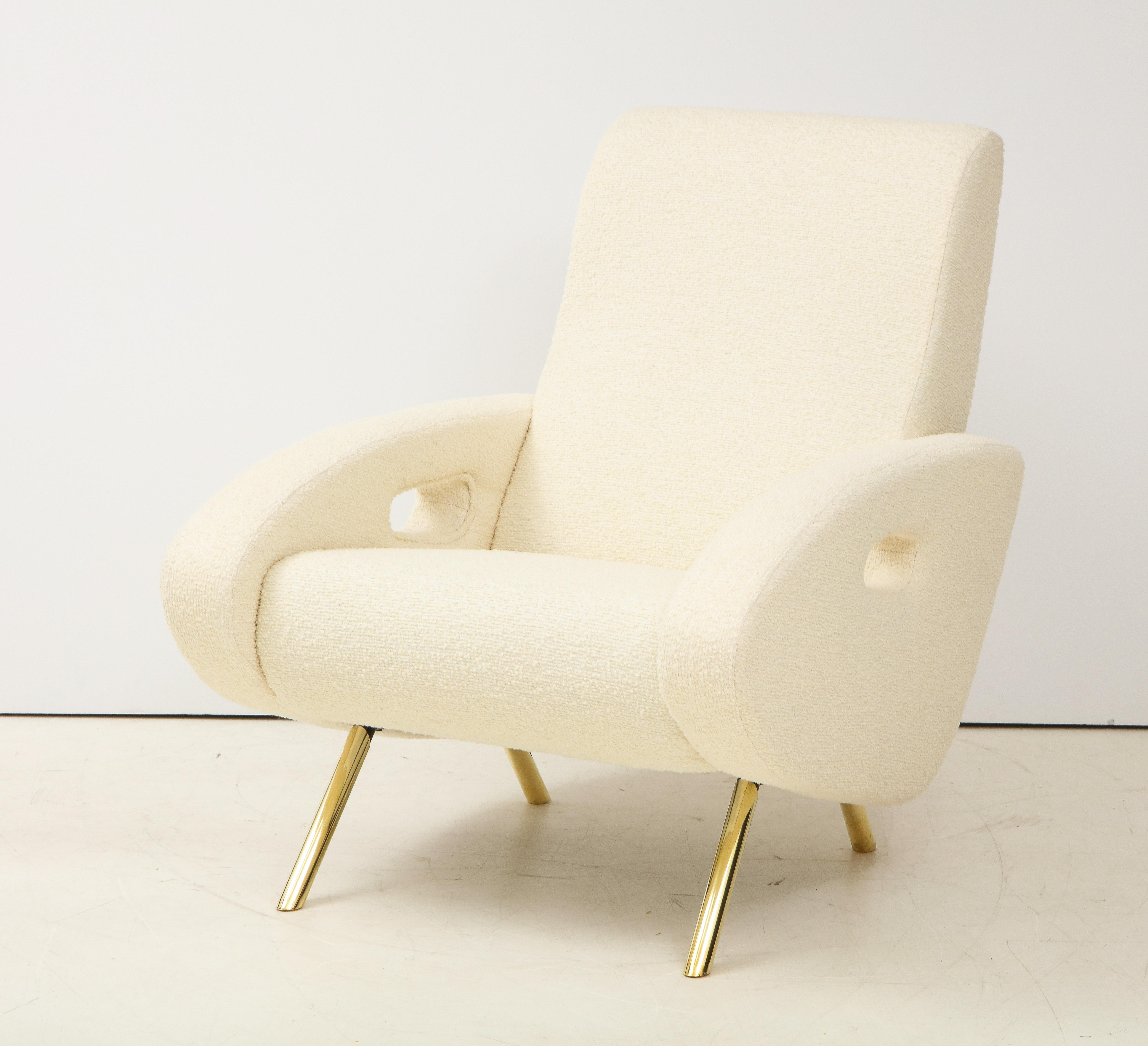 Pair of Ivory Boucle and Brass Lounge Chairs in the Style of Francois Letourneau 6