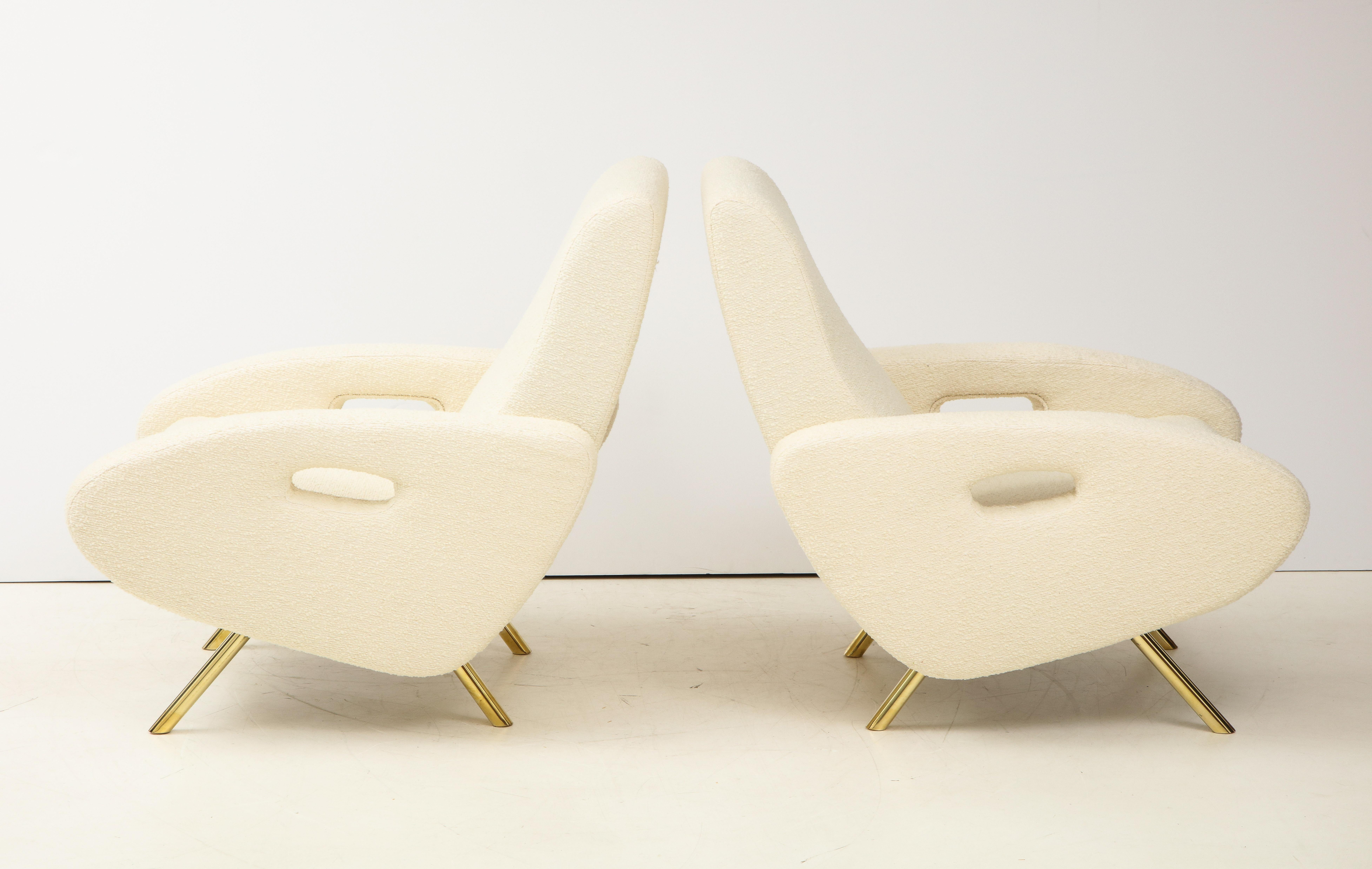 Italian Pair of Ivory Boucle and Brass Lounge Chairs in the Style of Francois Letourneau