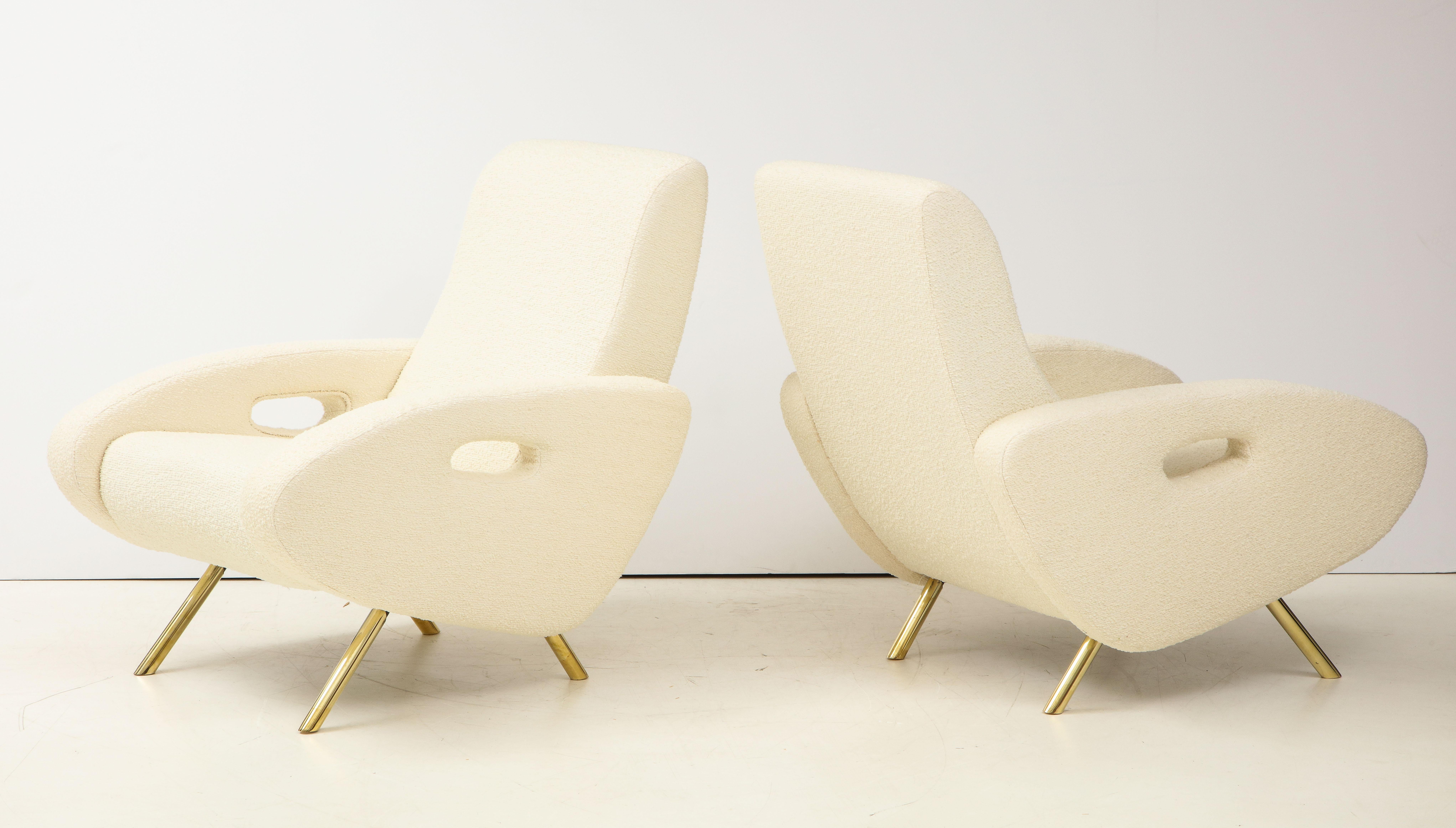 Hand-Crafted Pair of Ivory Boucle and Brass Lounge Chairs in the Style of Francois Letourneau