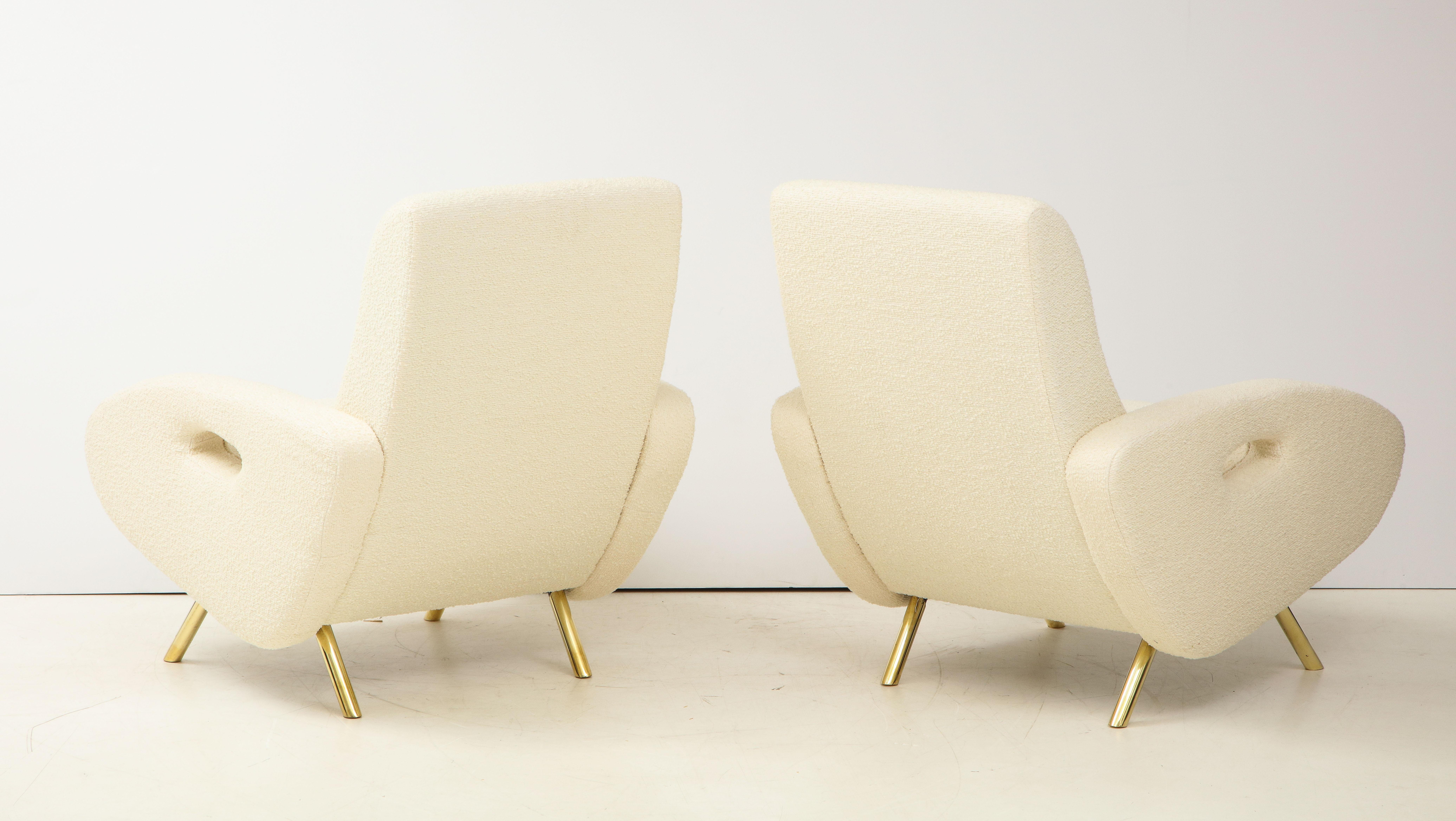 Pair of Ivory Boucle and Brass Lounge Chairs in the Style of Francois Letourneau In New Condition In New York, NY