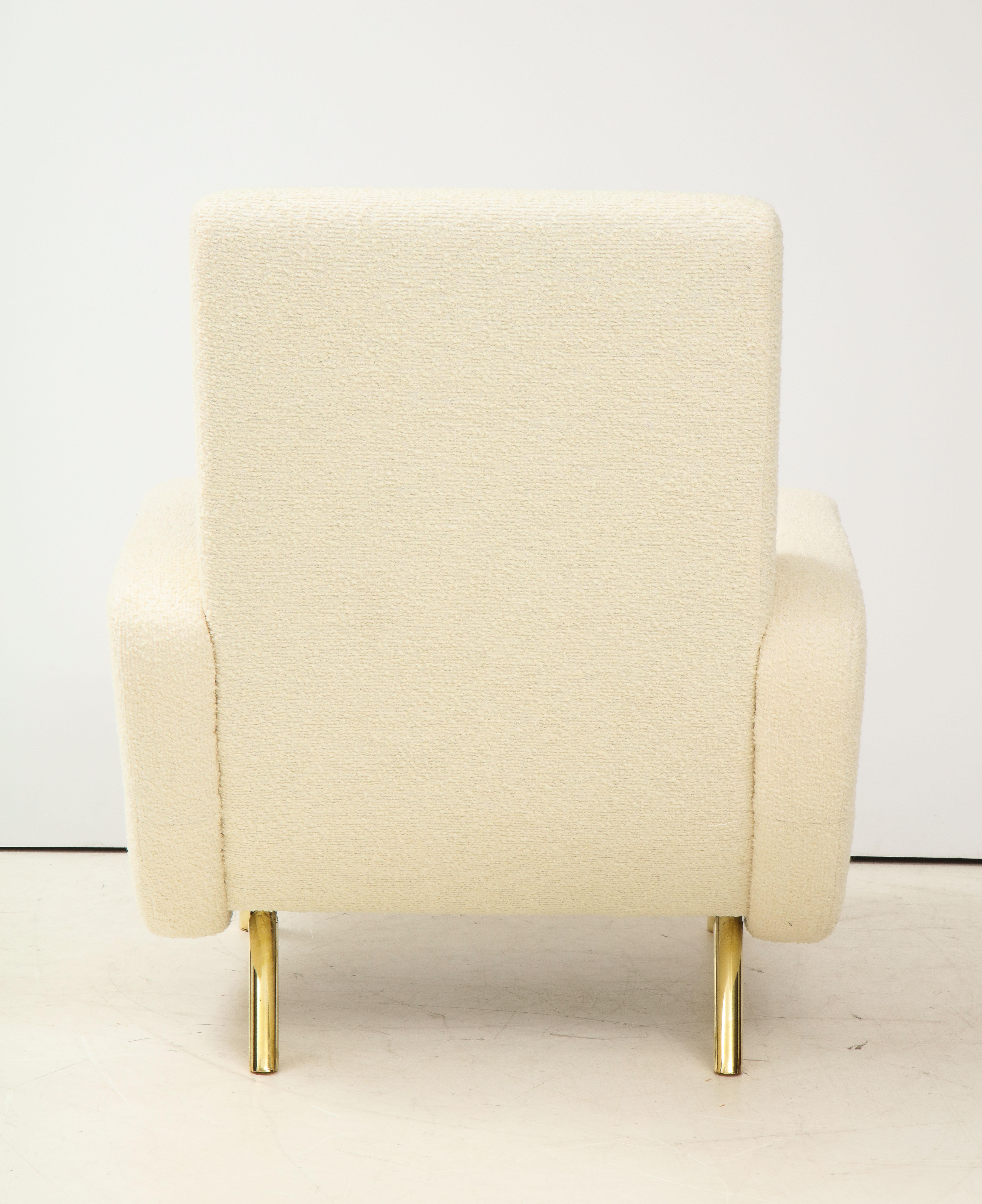 Contemporary Pair of Ivory Boucle and Brass Lounge Chairs in the Style of Francois Letourneau