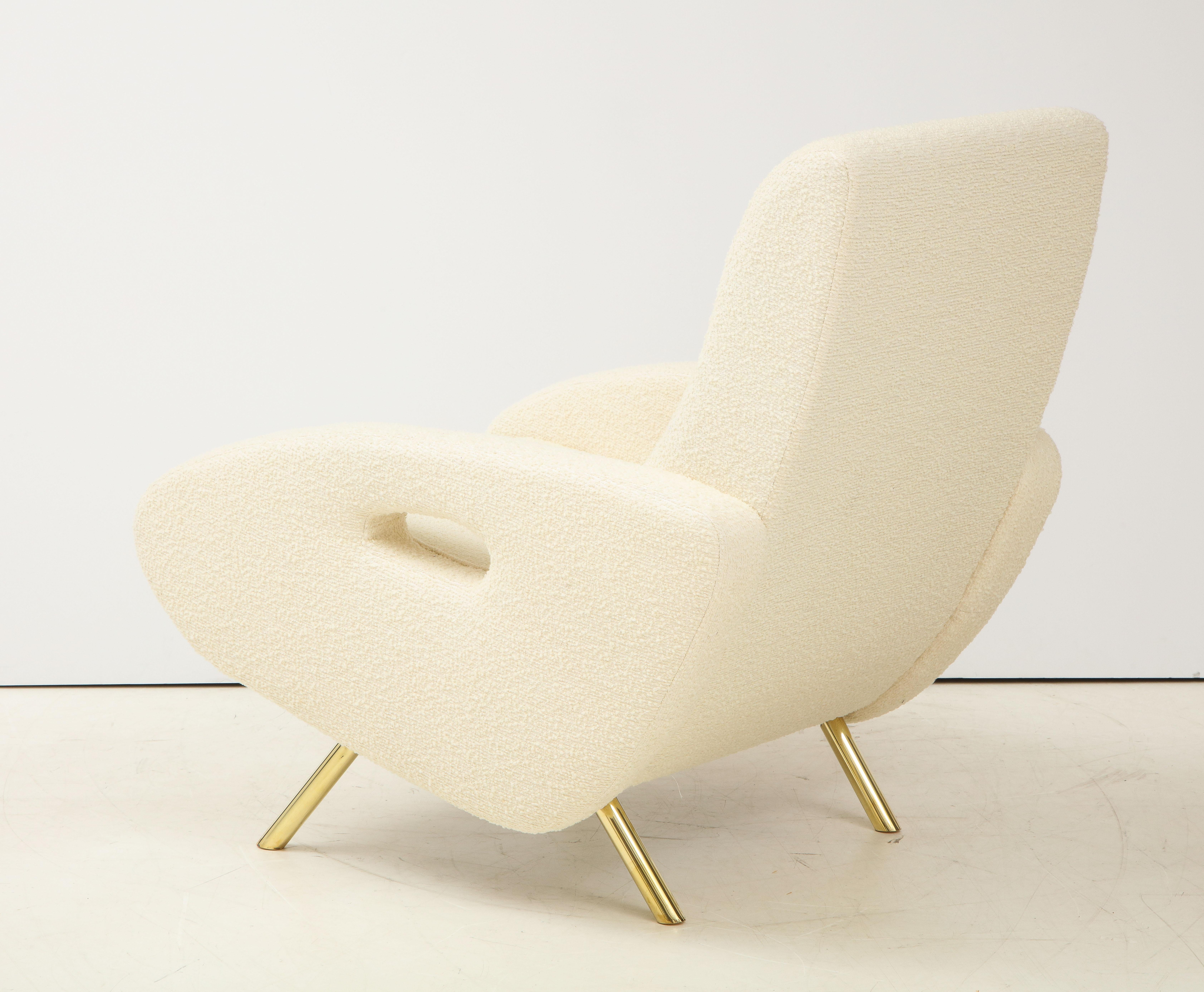 Pair of Ivory Boucle and Brass Lounge Chairs in the Style of Francois Letourneau 1