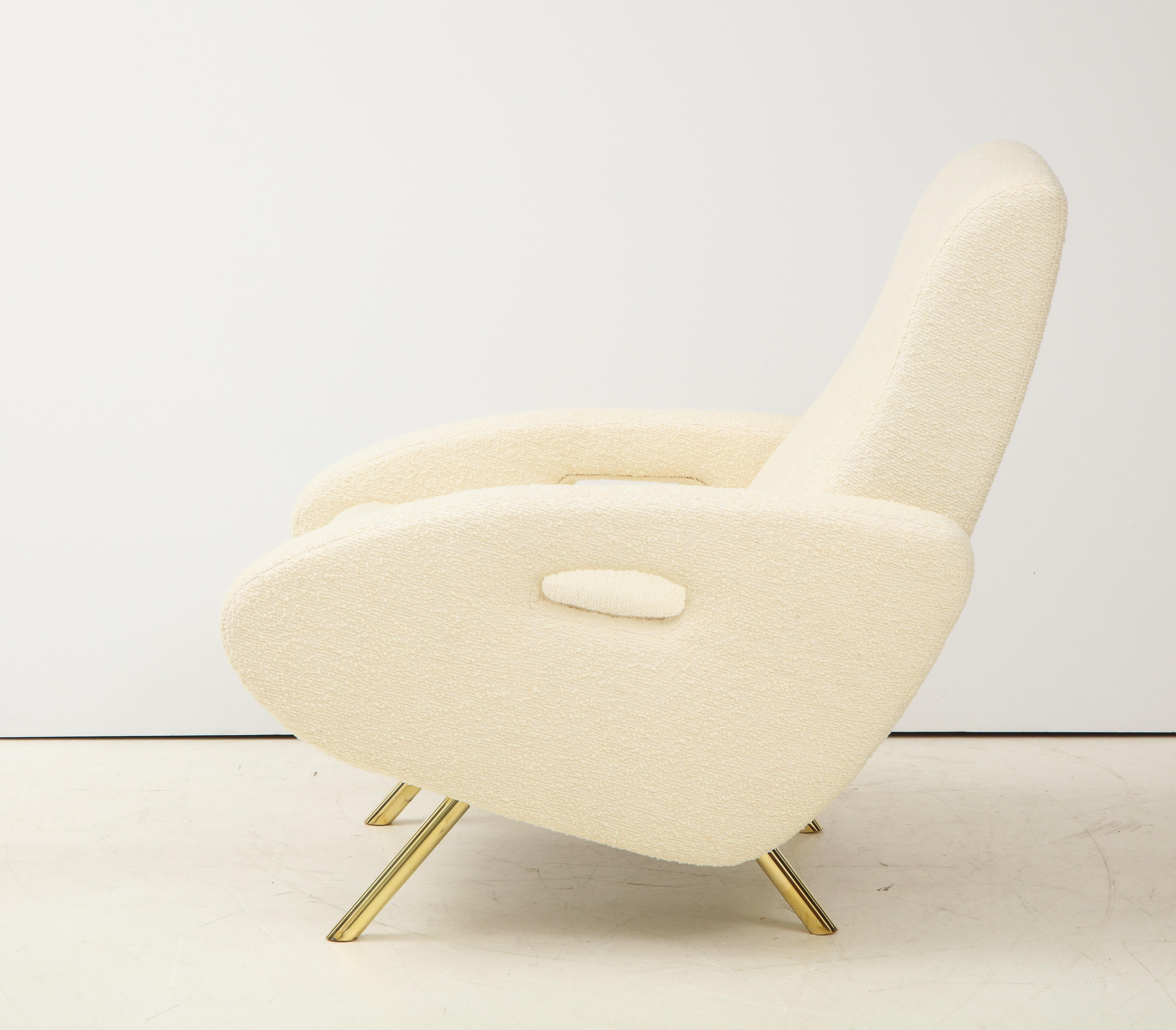 Pair of Ivory Boucle and Brass Lounge Chairs in the Style of Francois Letourneau 2