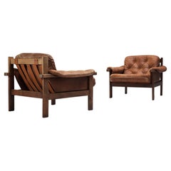 Pair of Italian Lounge Chairs in Leather and Stained Beech