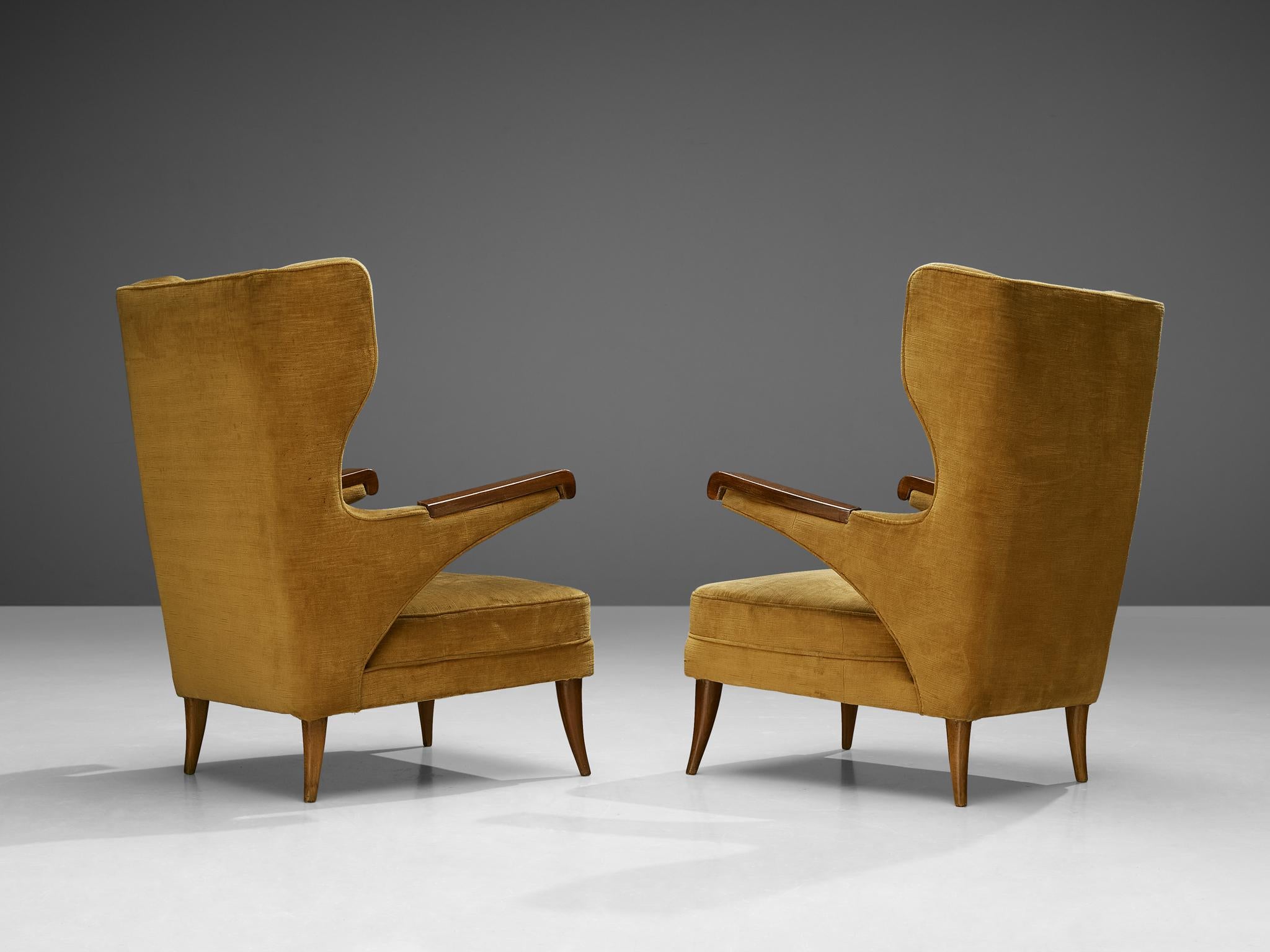 Beech Pair of Italian Lounge Chairs in Ocher Yellow Velvet For Sale