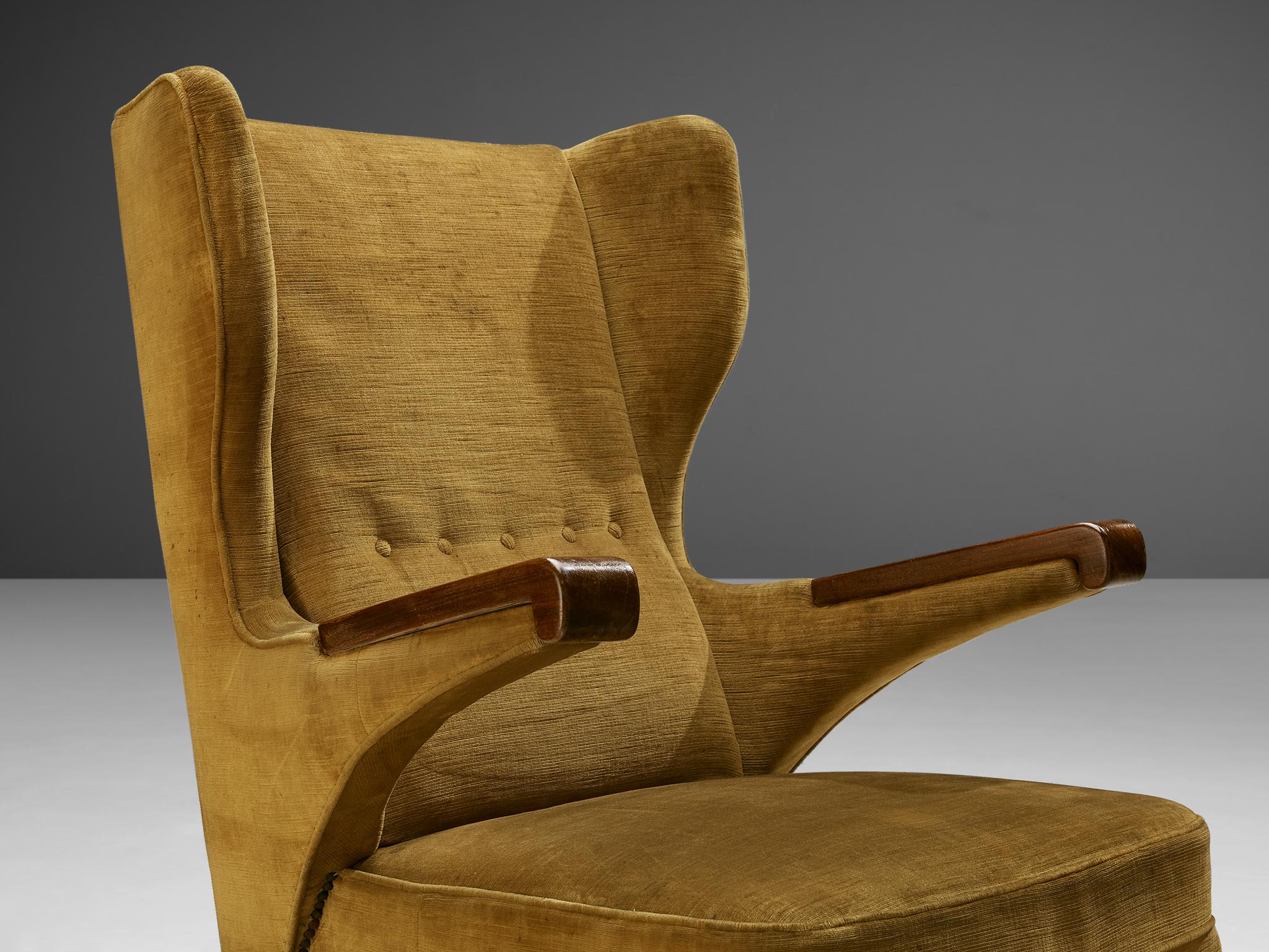Pair of Italian Lounge Chairs in Ocher Yellow Velvet For Sale 1