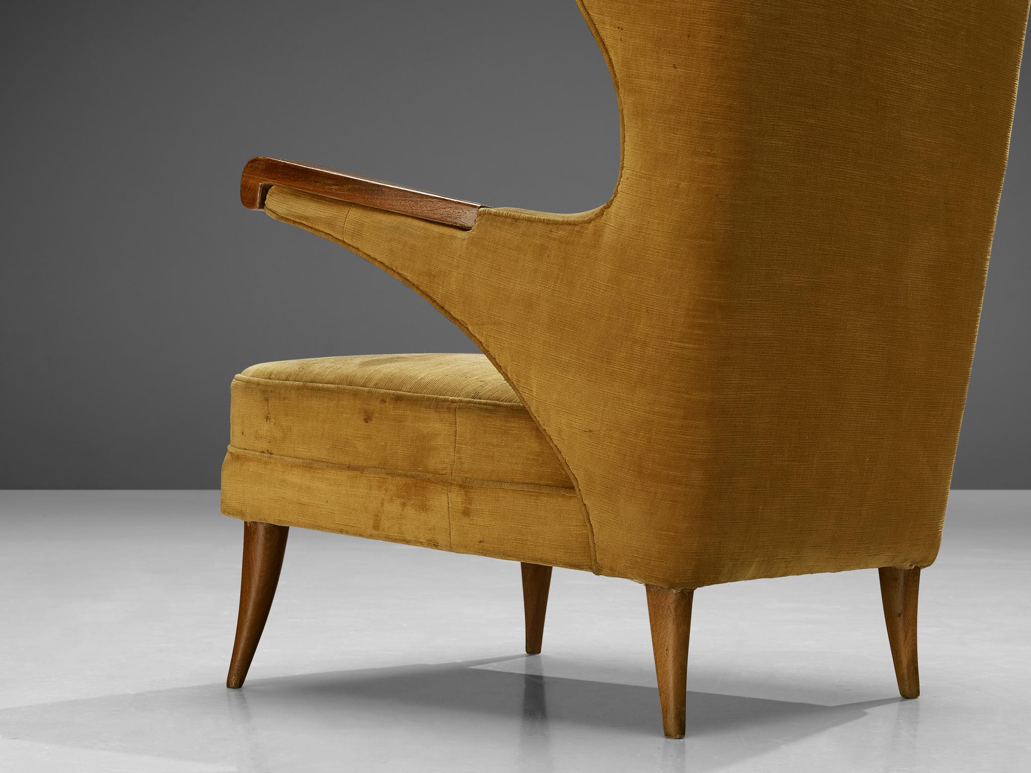 Pair of Italian Lounge Chairs in Ocher Yellow Velvet For Sale 3