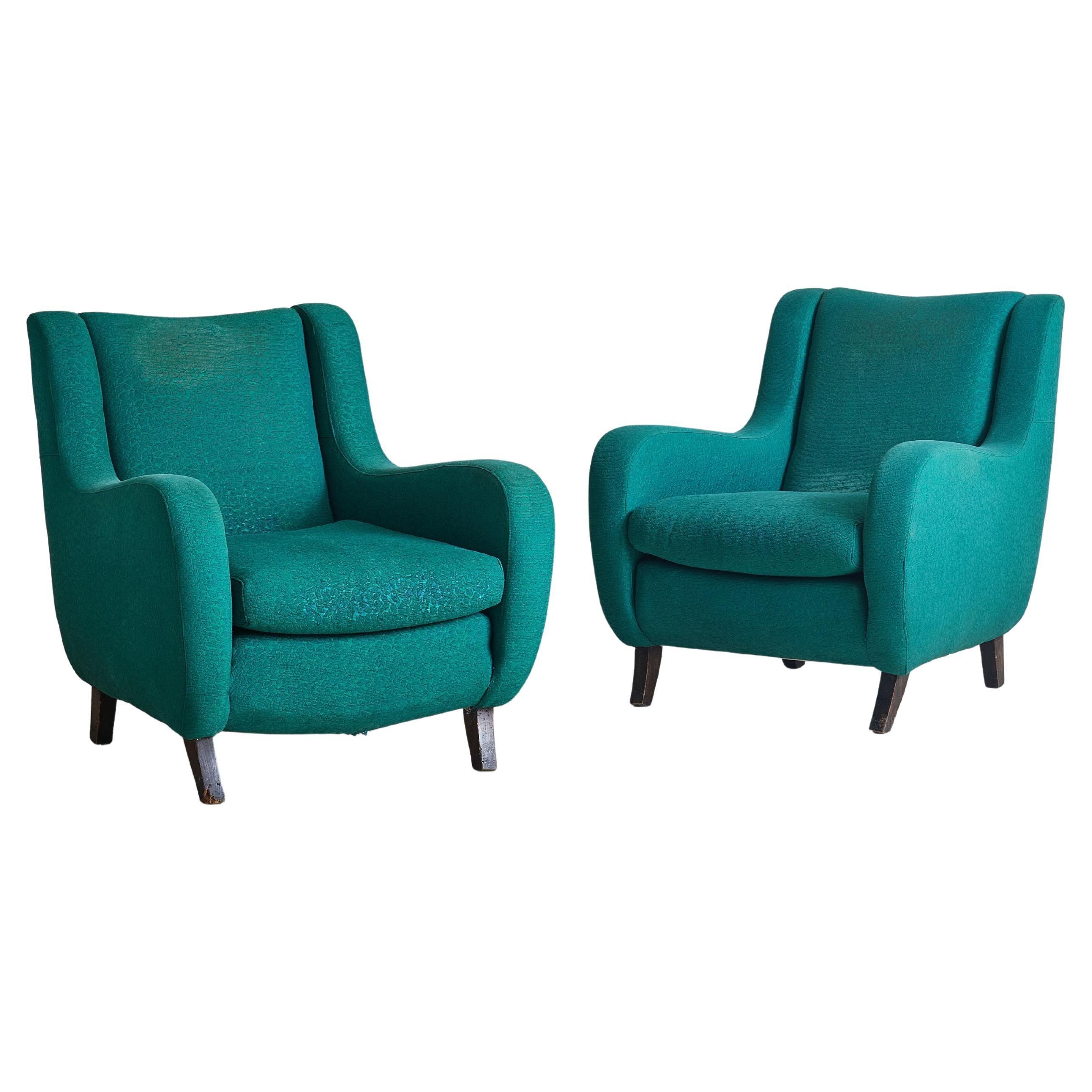 Pair of Italian Lounge Chairs in Original Green Upholstery, 1960s For Sale