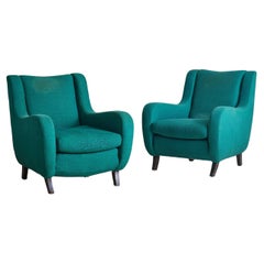 Pair of Italian Lounge Chairs in Original Green Upholstery, 1960s