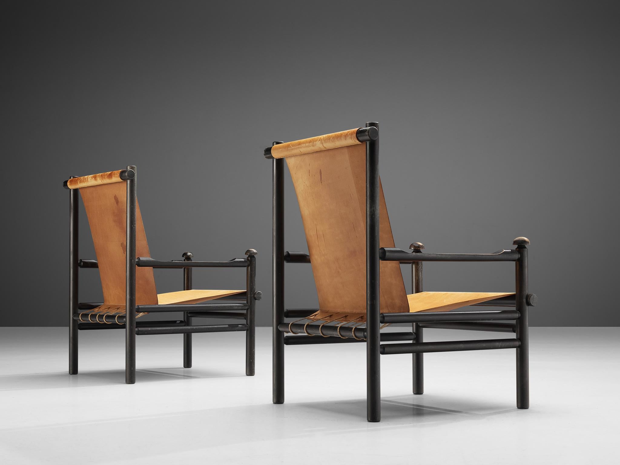 Mid-20th Century Italian Pair of Lounge Chairs in Patinated Leather