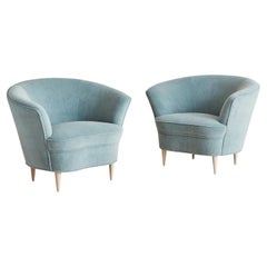 Pair of Italian Lounge Chairs in Seafoam Blue Mohair with Bleached Wooden Legs
