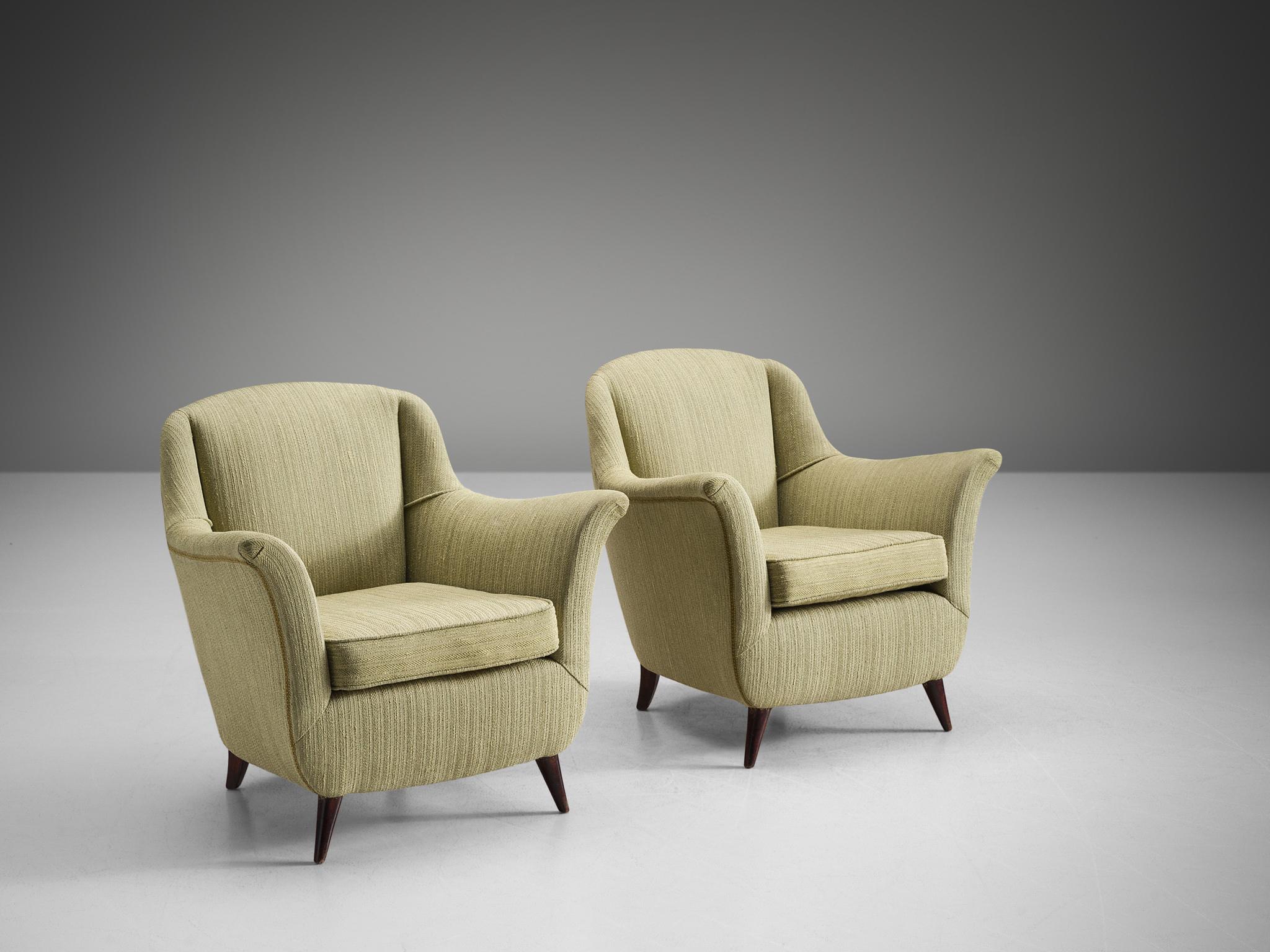 Fabric Pair of Italian Lounge Chairs in Soft Green Upholstery