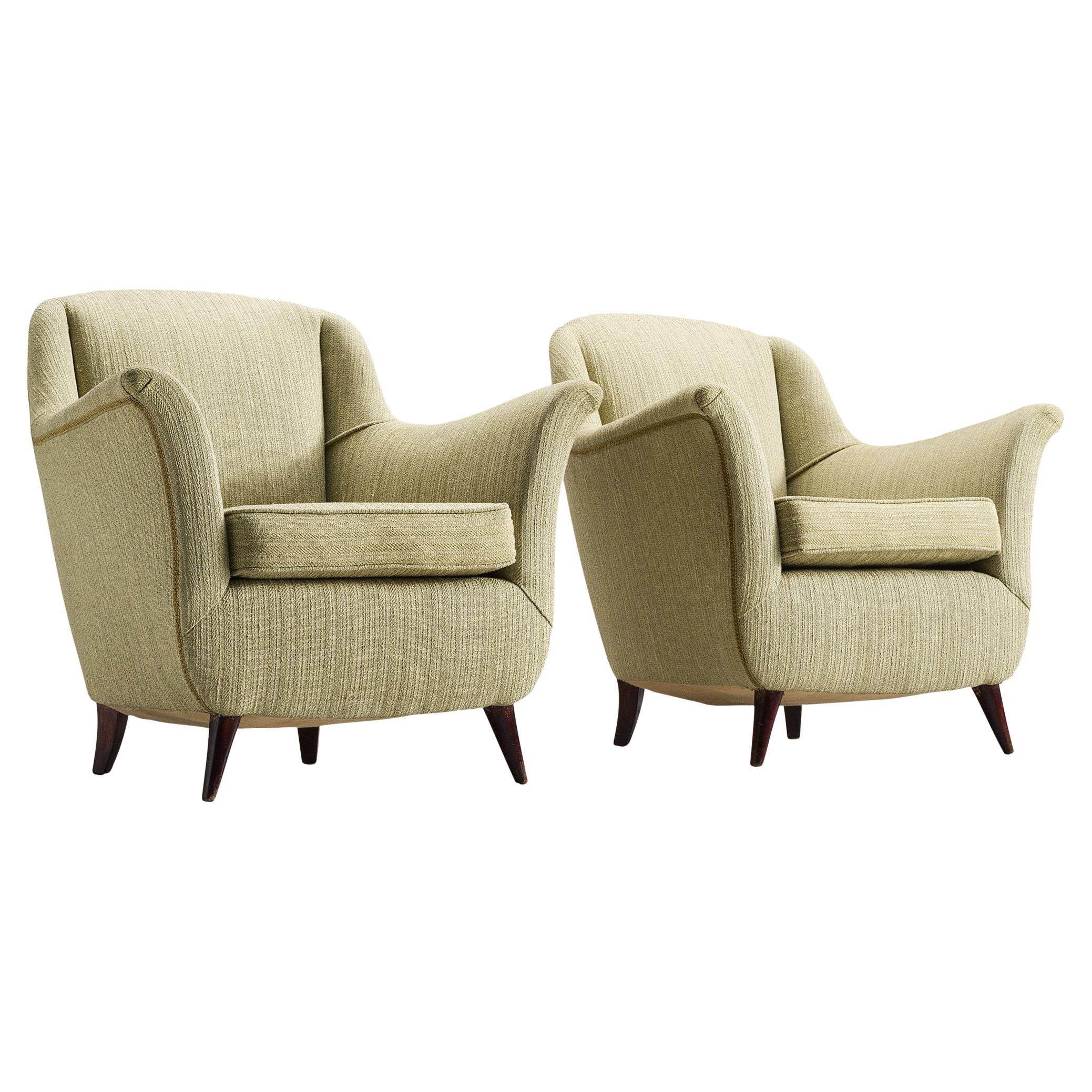 Pair of Italian Lounge Chairs in Soft Green Upholstery