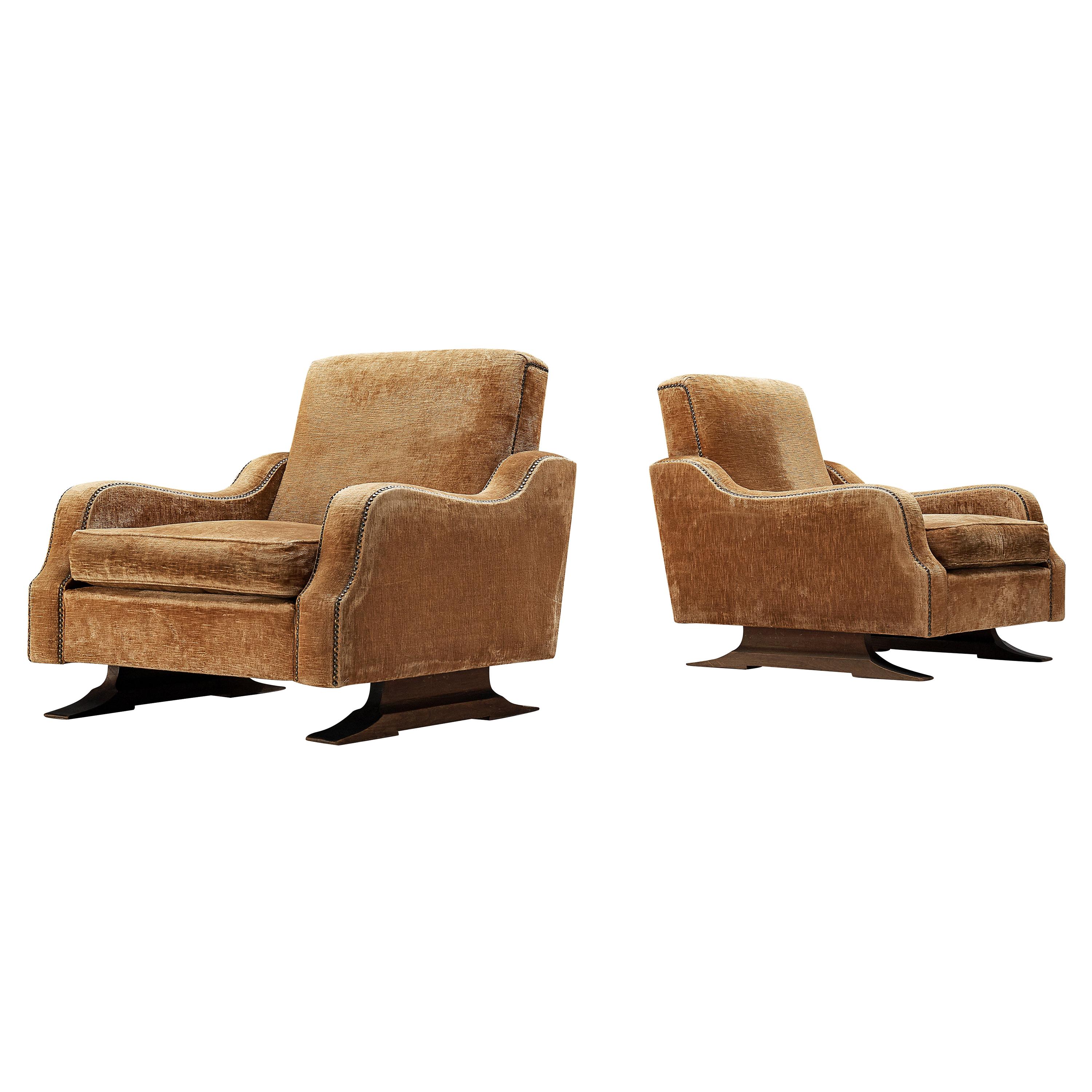 Pair of Italian Lounge Chairs in Velvet Upholstery