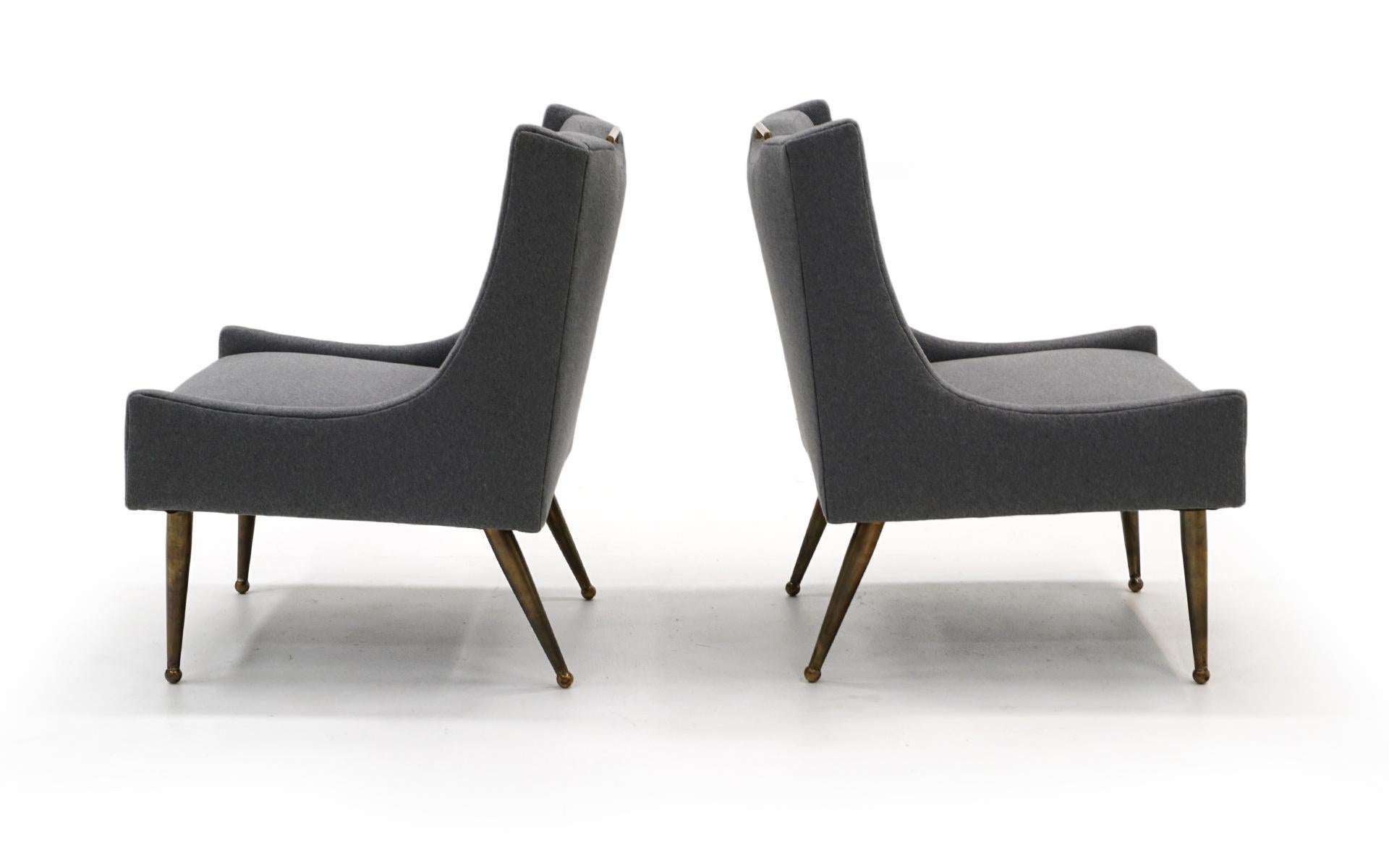 Mid-Century Modern Pair of Italian Lounge Chairs, New Medium Gray Upholstery, Solid Brass Legs