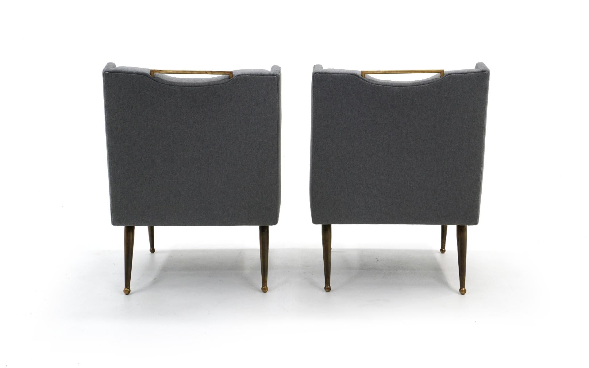 Mid-20th Century Pair of Italian Lounge Chairs, New Medium Gray Upholstery, Solid Brass Legs