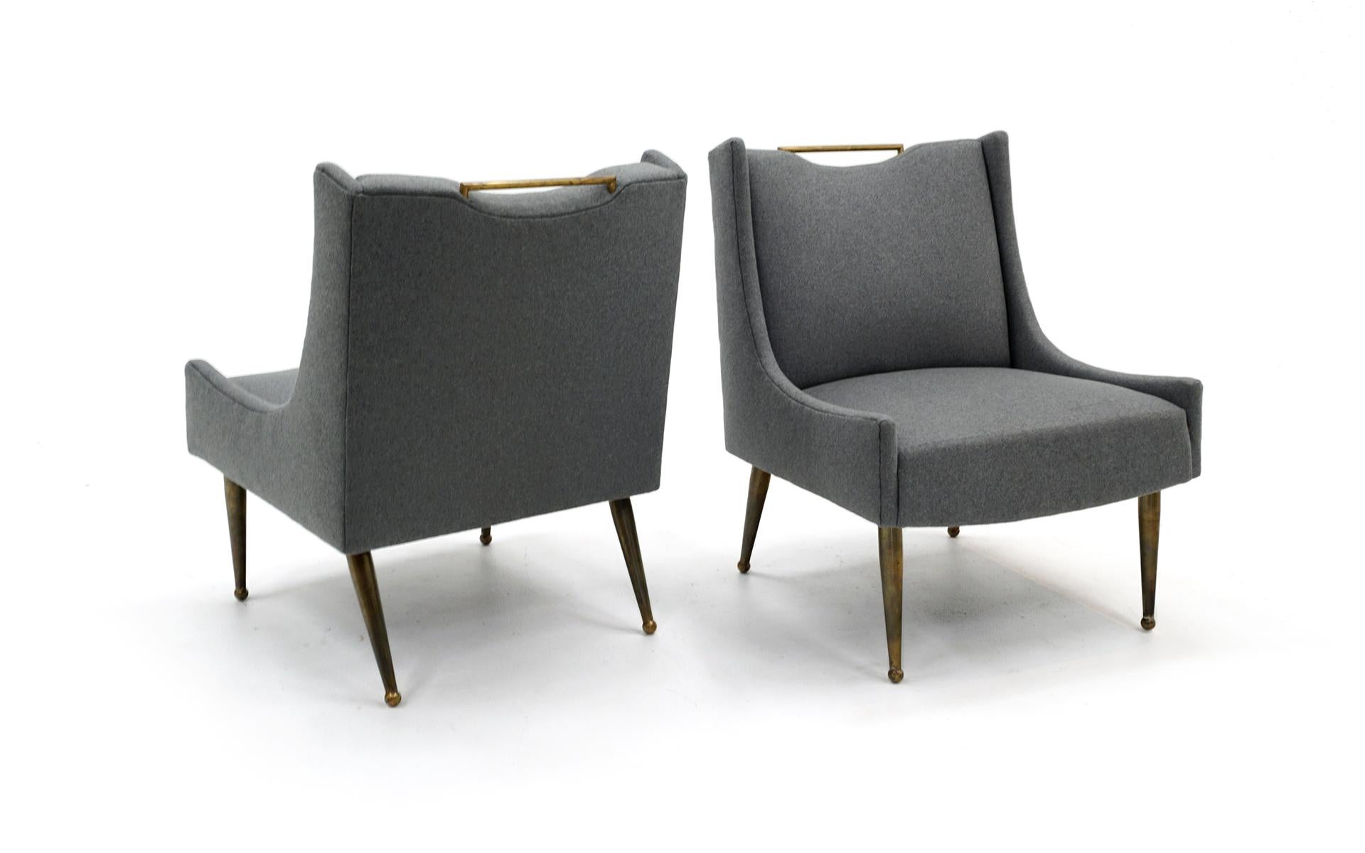Pair of Italian Lounge Chairs, New Medium Gray Upholstery, Solid Brass Legs 3
