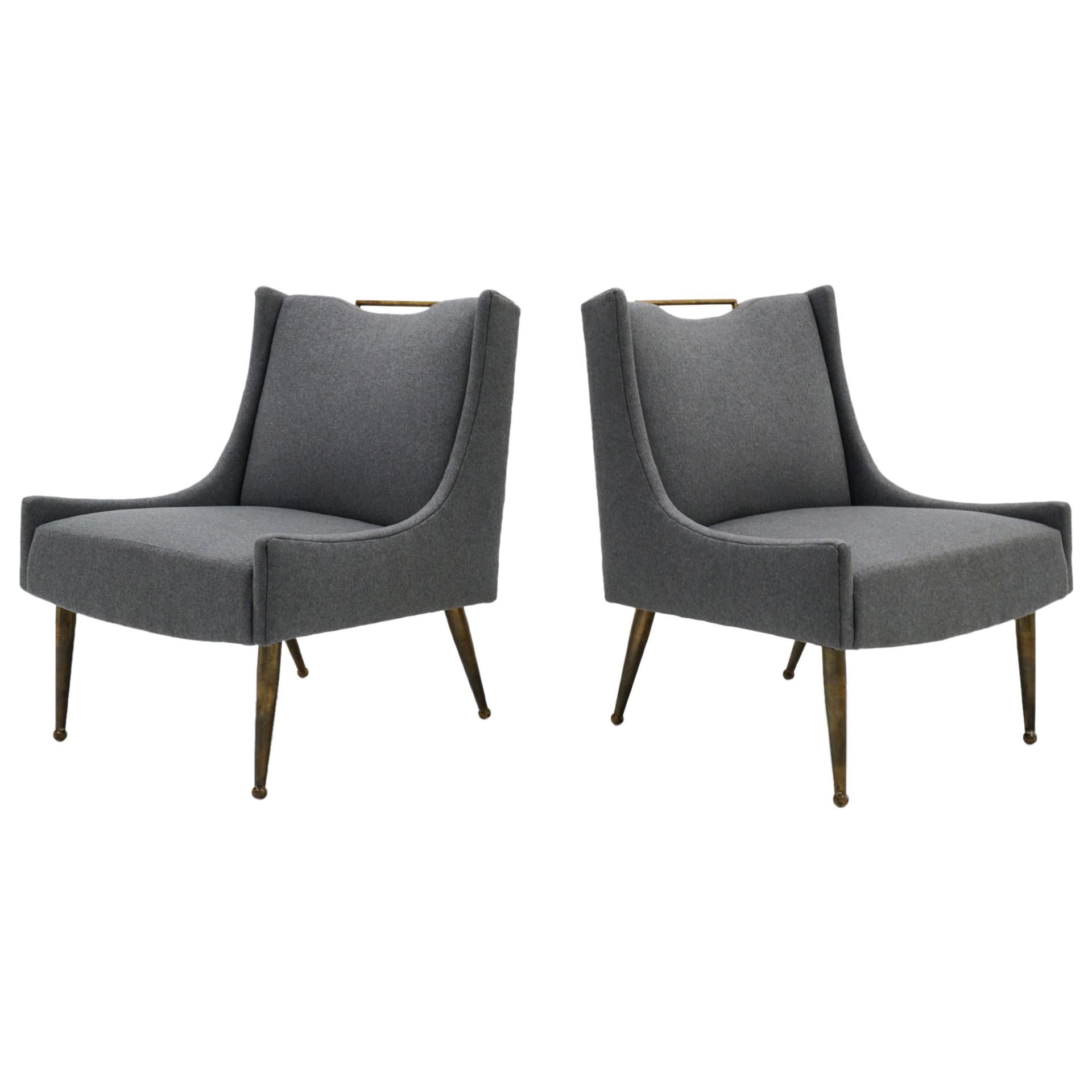 Pair of Italian Lounge Chairs, New Medium Gray Upholstery, Solid Brass Legs