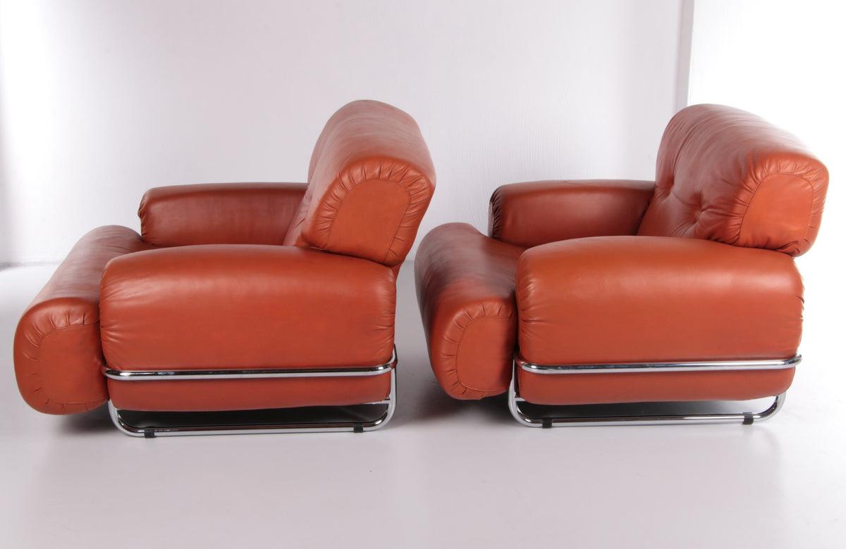 Mid-Century Modern Vintage Leather Armchairs Guido Faleschini Style - Set of 2 For Sale